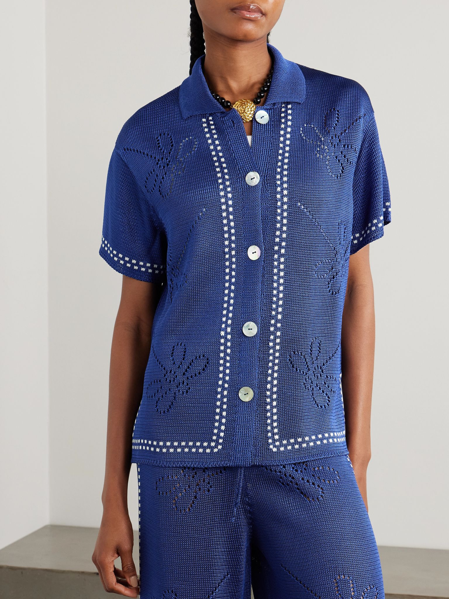 Garden Party pointelle-knit shirt Navy - 3