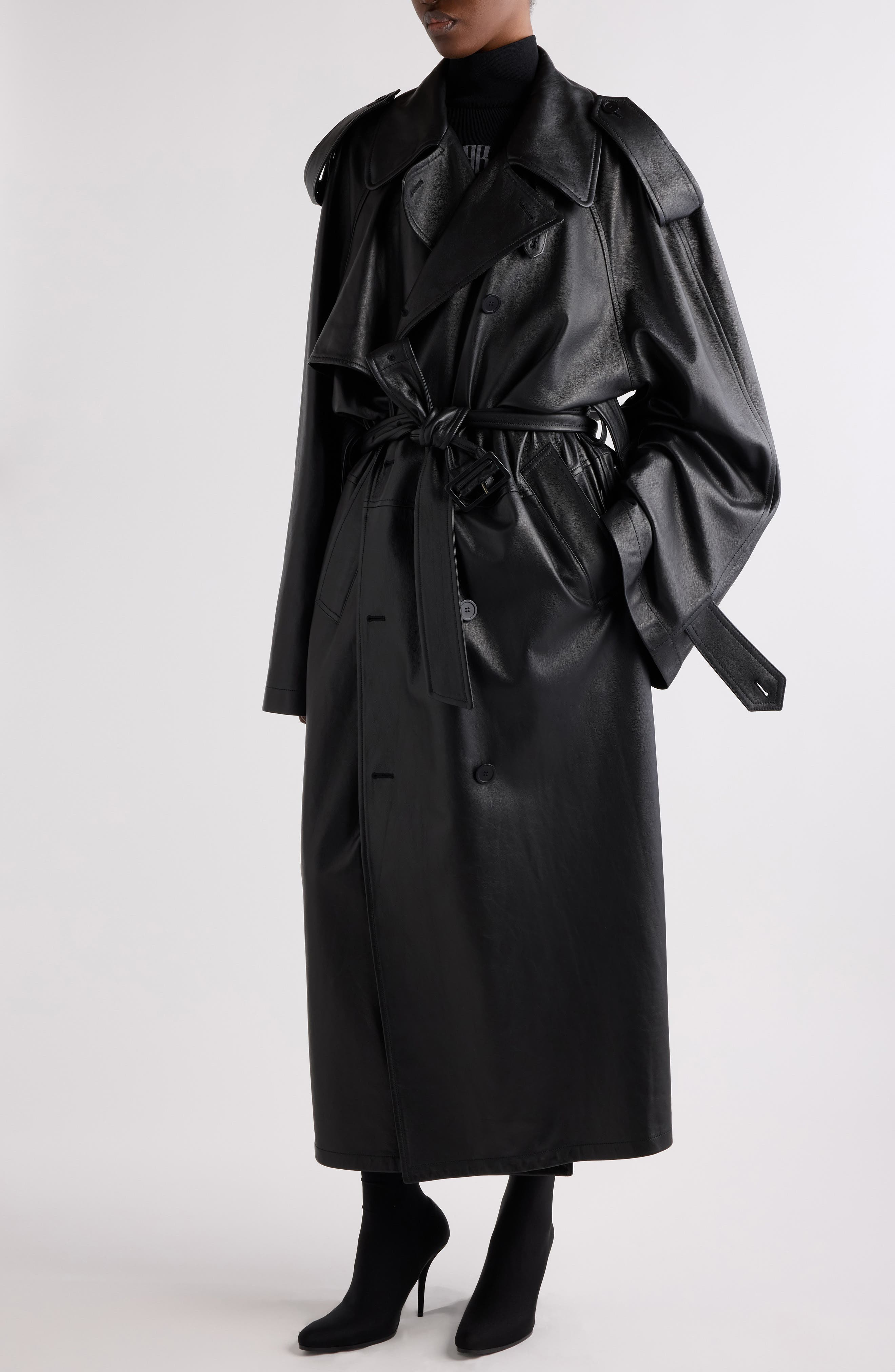 Balenciaga Double Belted Leather Trench Coat in 1000 Black at Nordstrom - 4