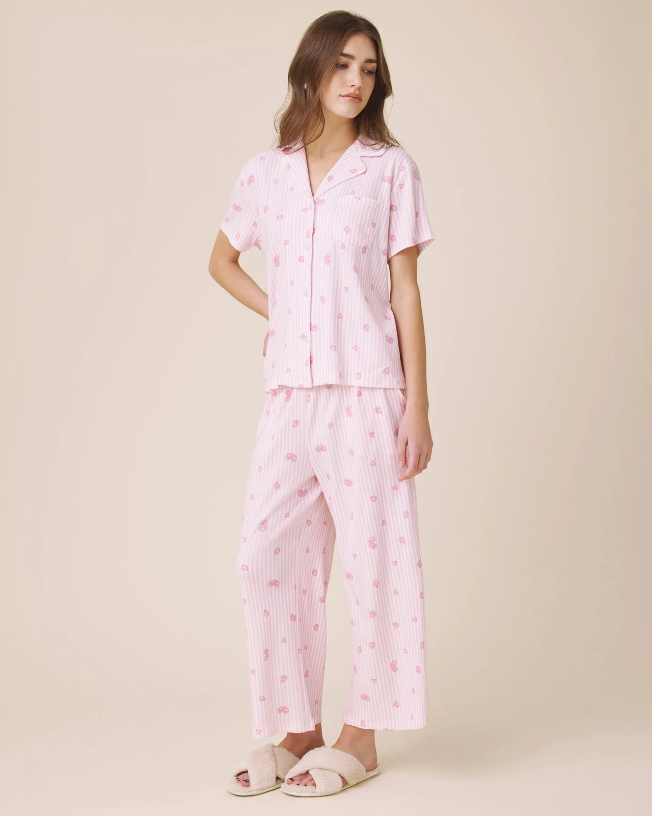 Strawberries and Stripes Notch Top and Crop Pant PJ Set - 1