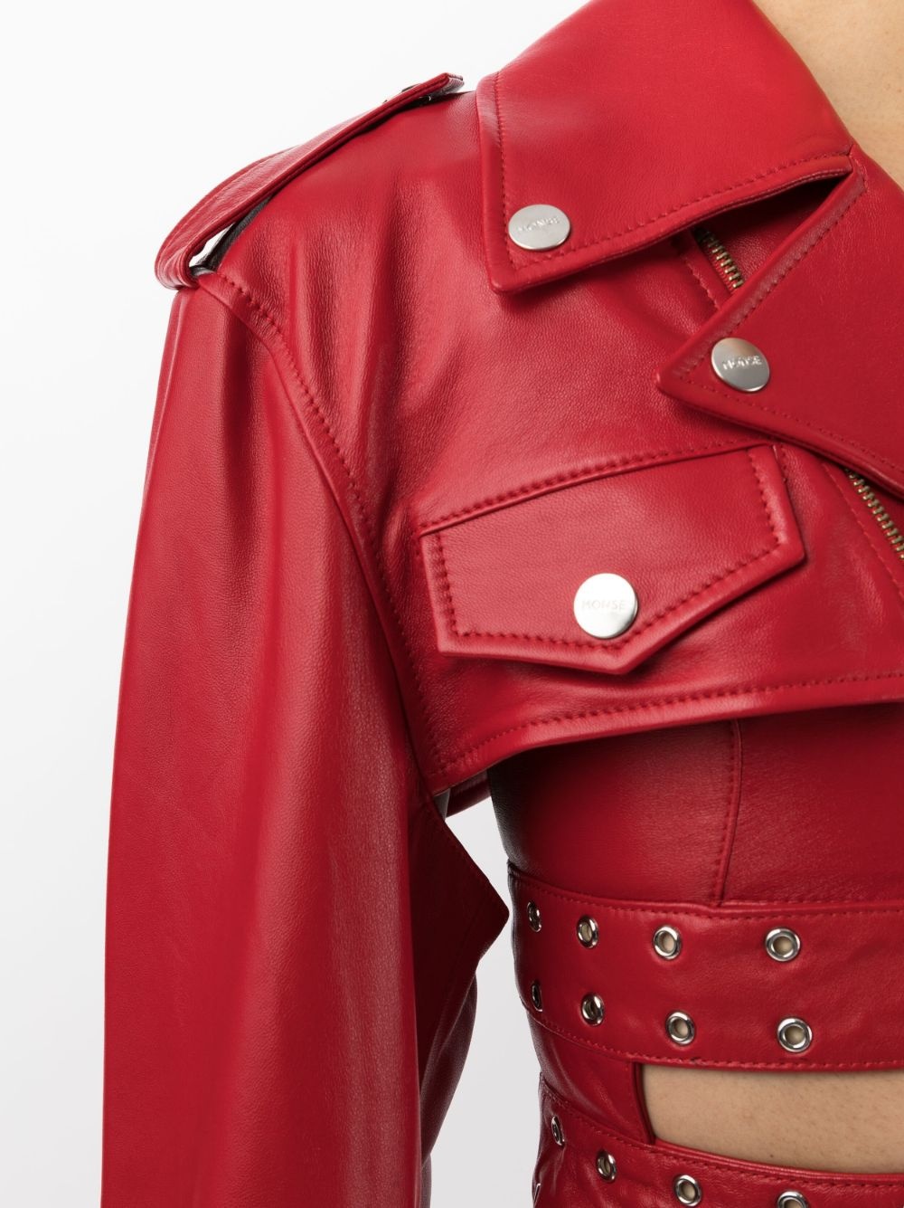 cropped double-belt leather jacket - 5