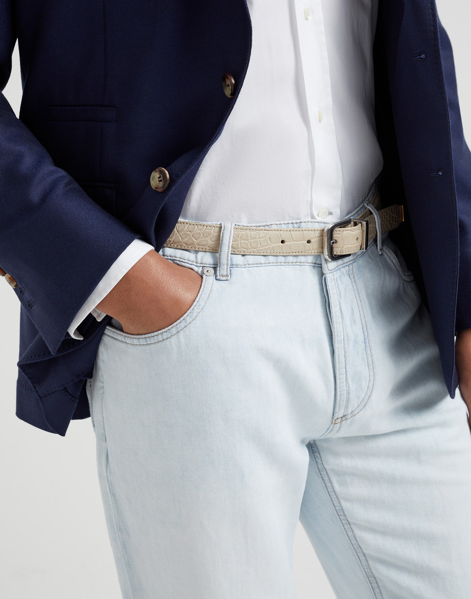 Cotton and linen denim traditional fit five-pocket trousers - 3