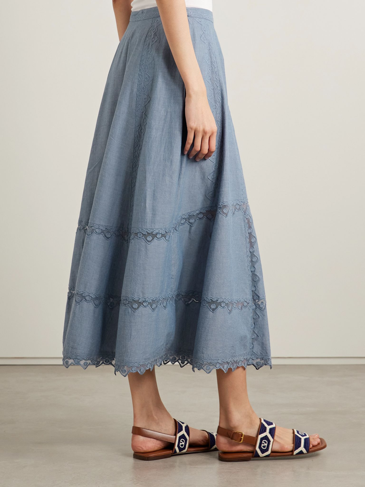 Lucia embroidered mesh-trimmed cotton-chambray midi skirt Blue - 4