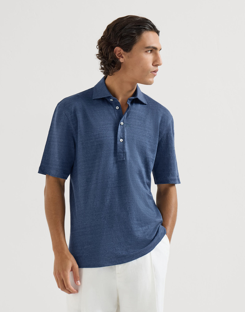 Linen and cotton mélange jersey polo with shirt-style collar 2