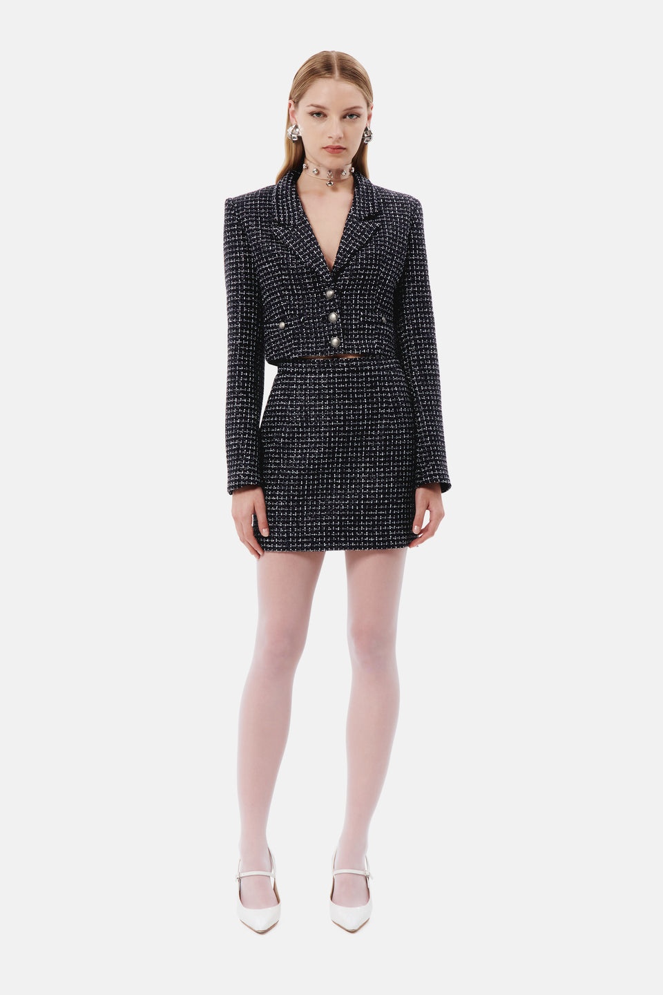 SEQUIN CHECKED TWEED CROPPED BOXY JACKET - 4