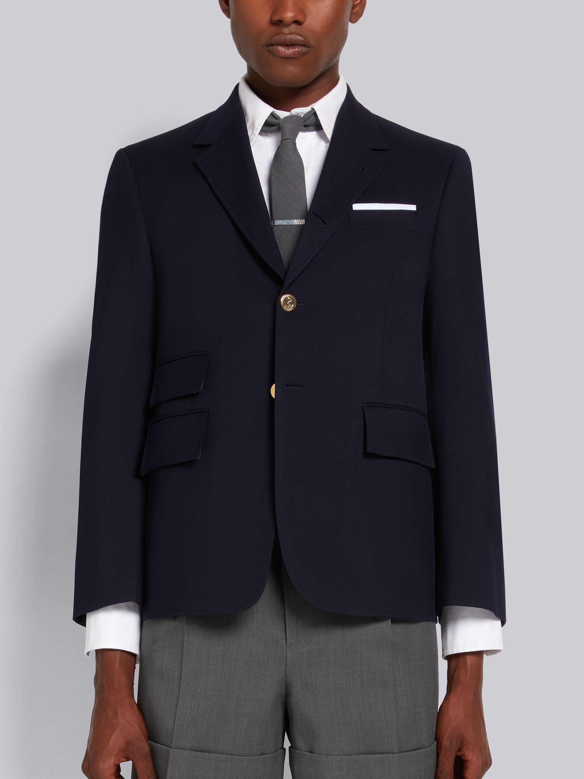 Navy Wool Pique Suiting Single Vent Jacket - 1