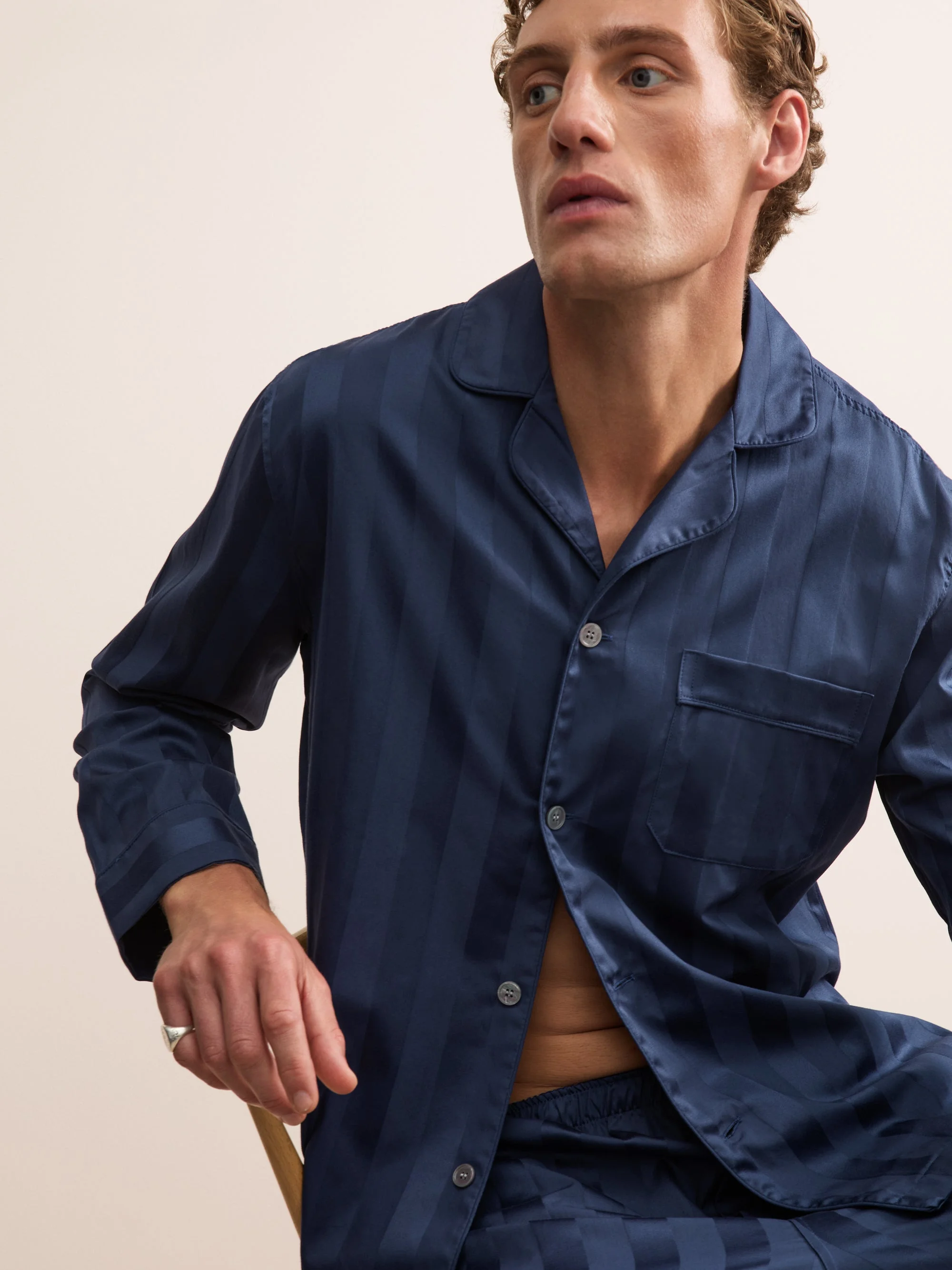 Lingfield Cotton Pajamas Navy Blue Tonal Stripe - 1