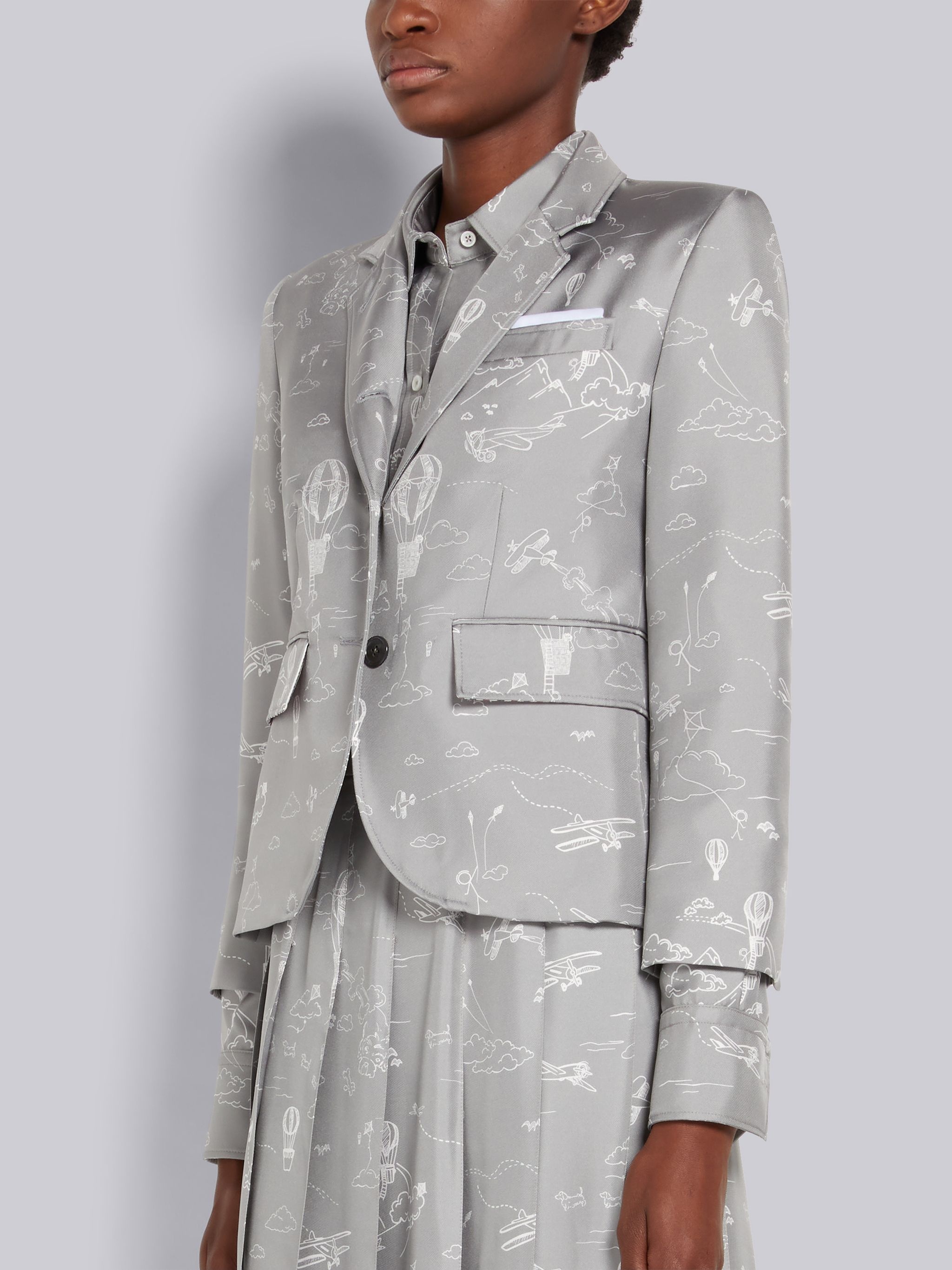 Medium Grey Sky Toile Printed Silk Twill High Armhole Jacket - 2