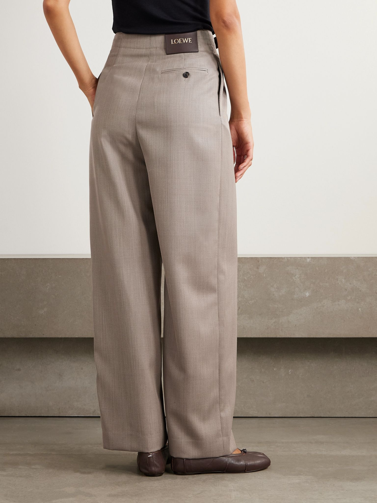 Leather-trimmed pleated wool-twill straight-leg pants Beige - 4