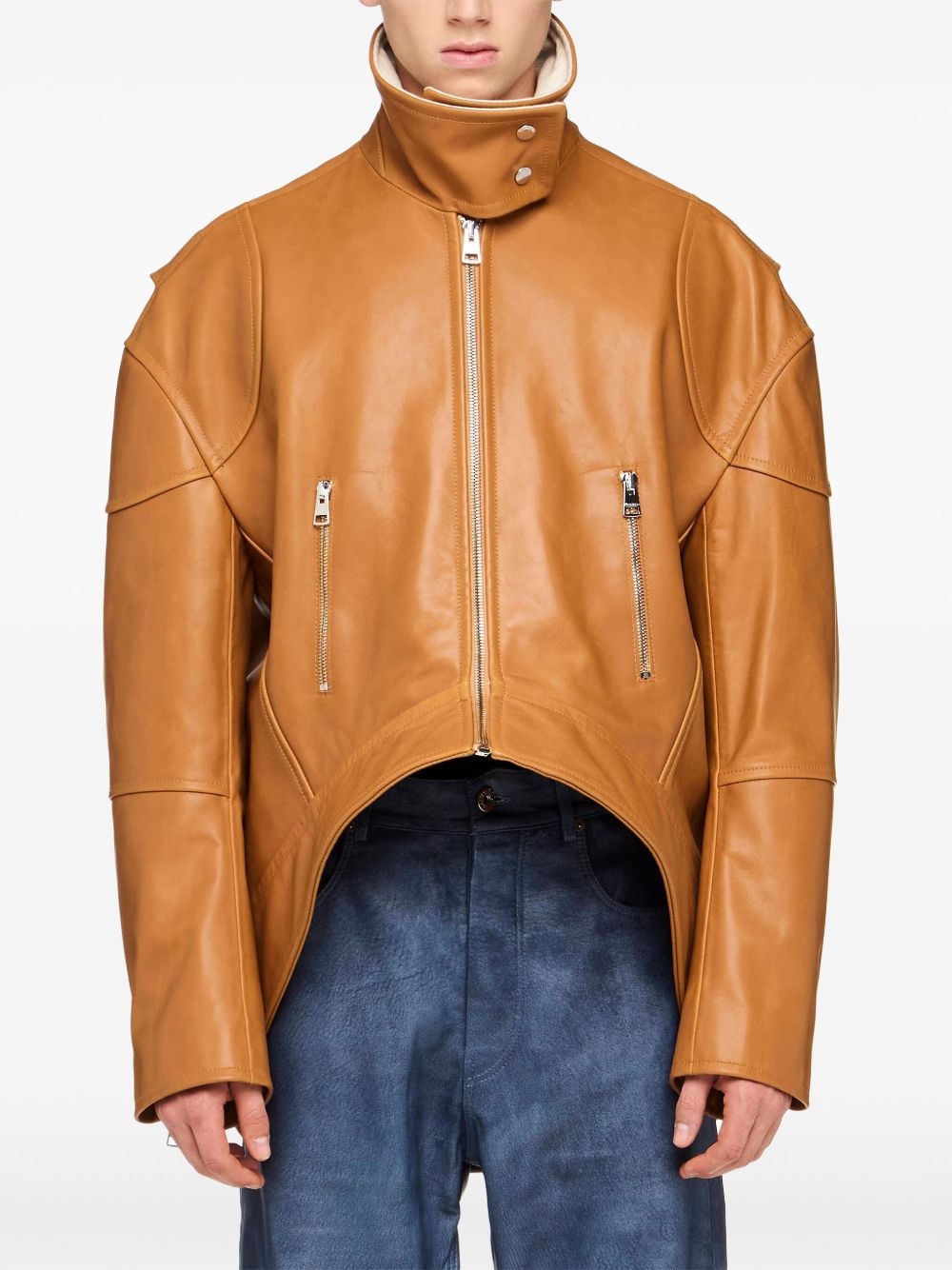 curved-hem high-neck leather jacket - 3