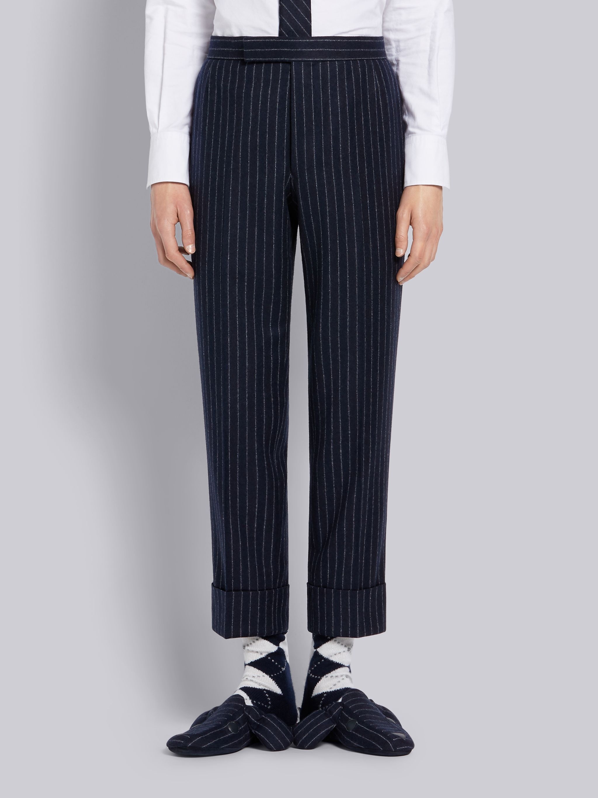 Navy Ground Chalk Stripe Wool Flannel Classic Trouser - 1