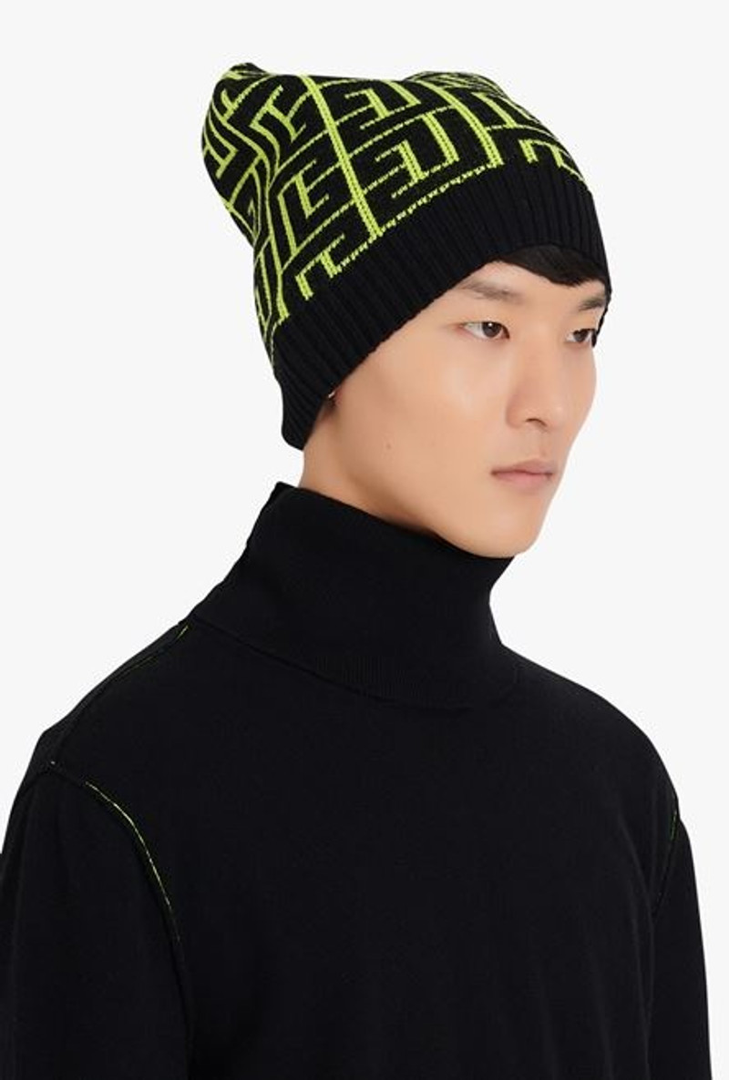 Balmain Capsule After ski - Neon yellow and black wool hat with Balmain monogram pattern outlook