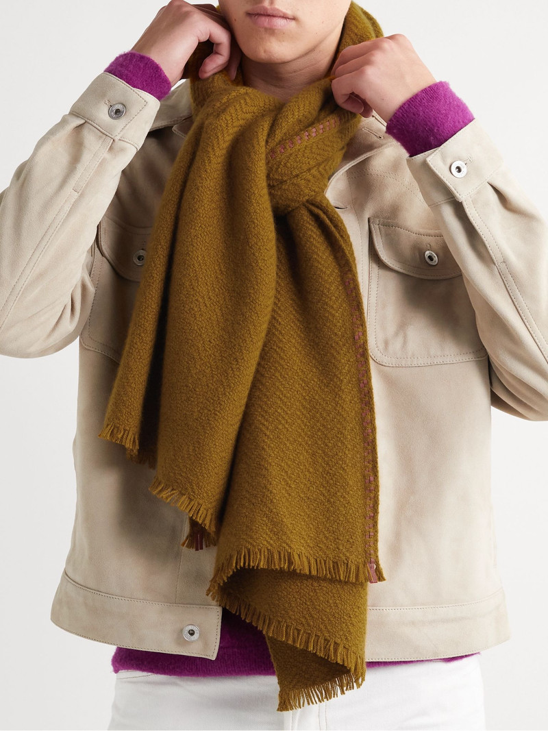 Loro Piana Leather-Trimmed Fringed Herringbone Baby Cashmere Scarf Camel outlook