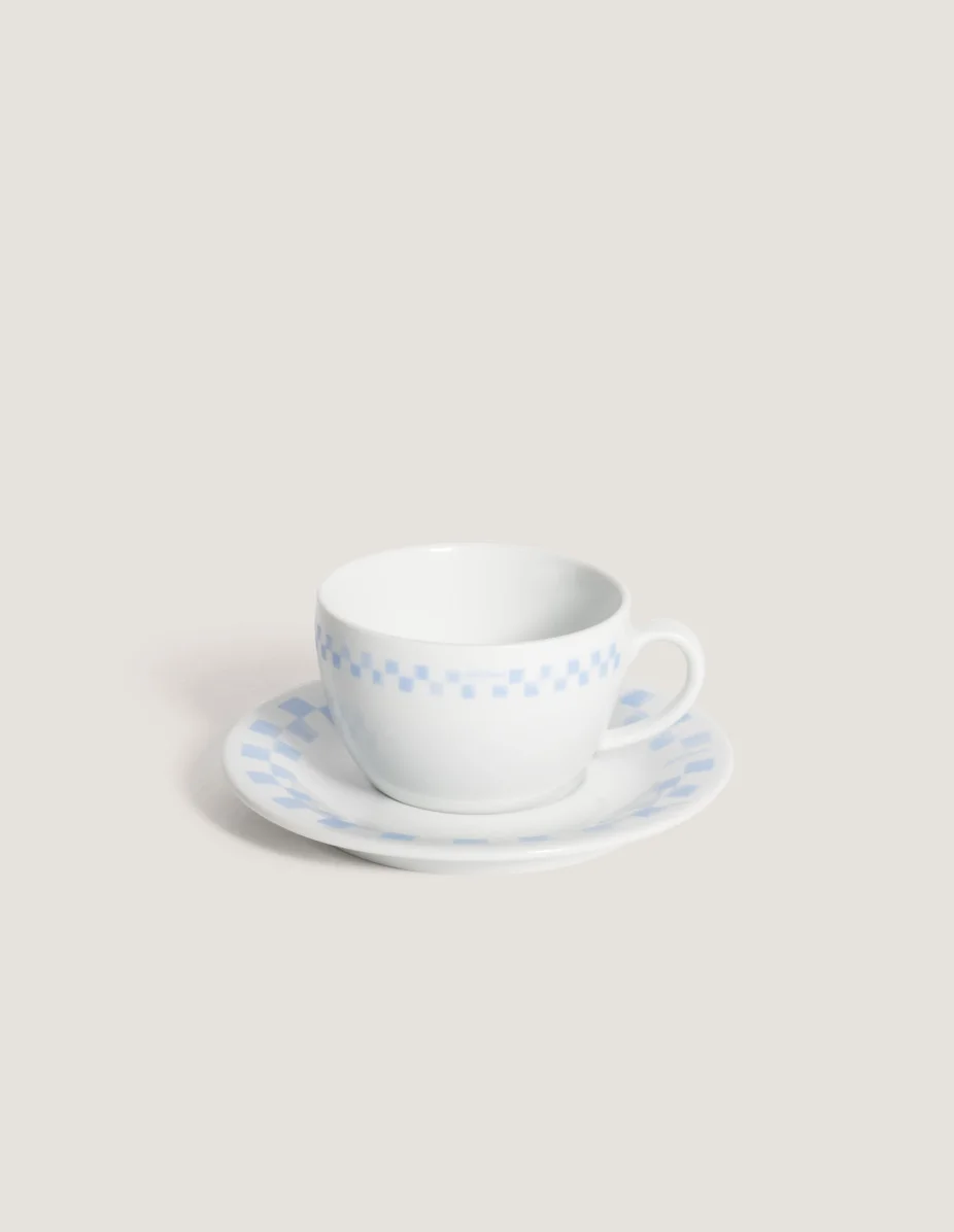 CHECKERBOARD PORCELAIN COFFEE CUP AND SAUCER - 1