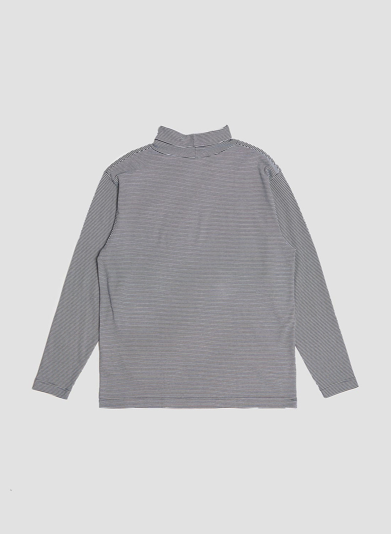 Nigel Cabourn x Sunspel Relaxed Heavyweight Supima Roll Neck in Navy/White Micro Stripe 3