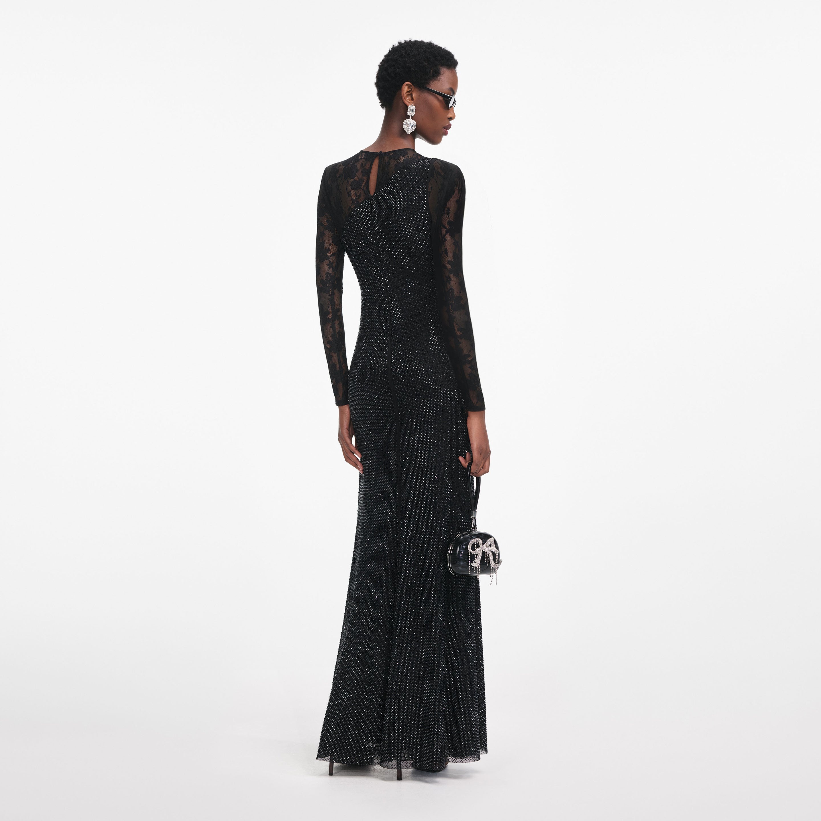 Black Rhinestone Lace Sleeves Maxi Dress - 3