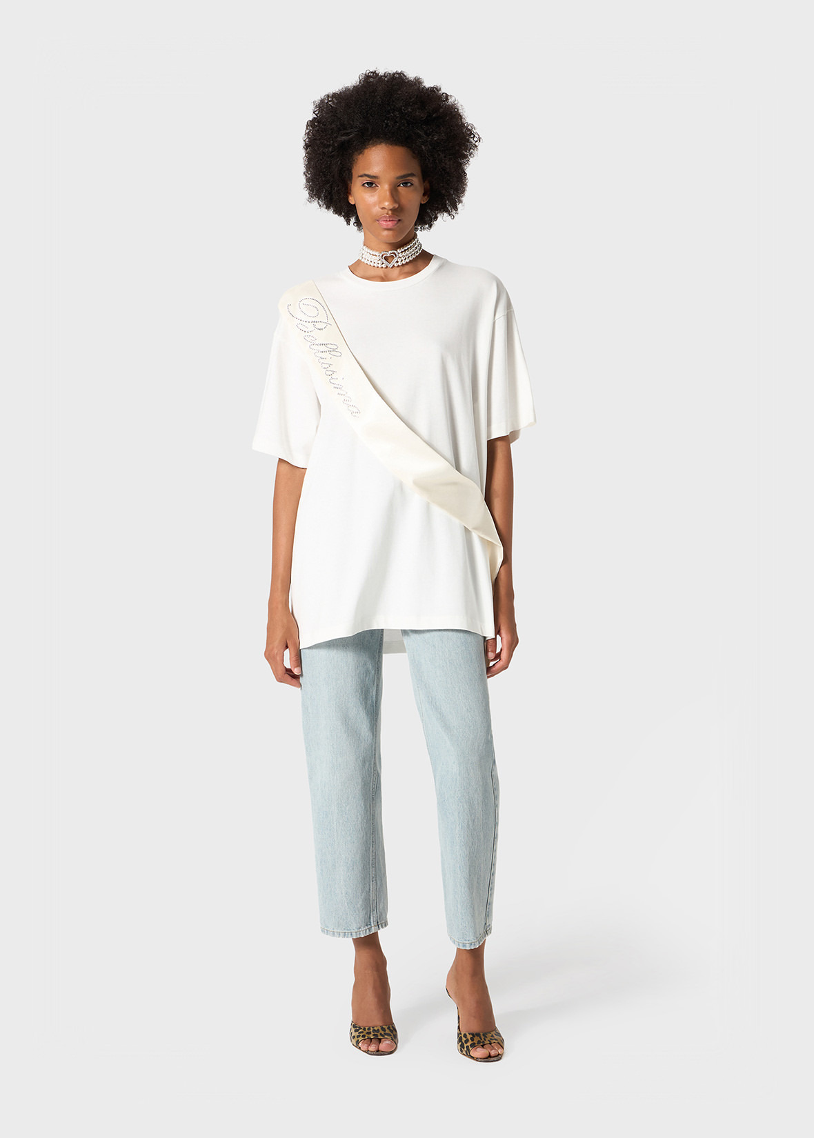 T-SHIRT WITH SATIN BAND AND RHINESTONE EMBROIDERY - 2