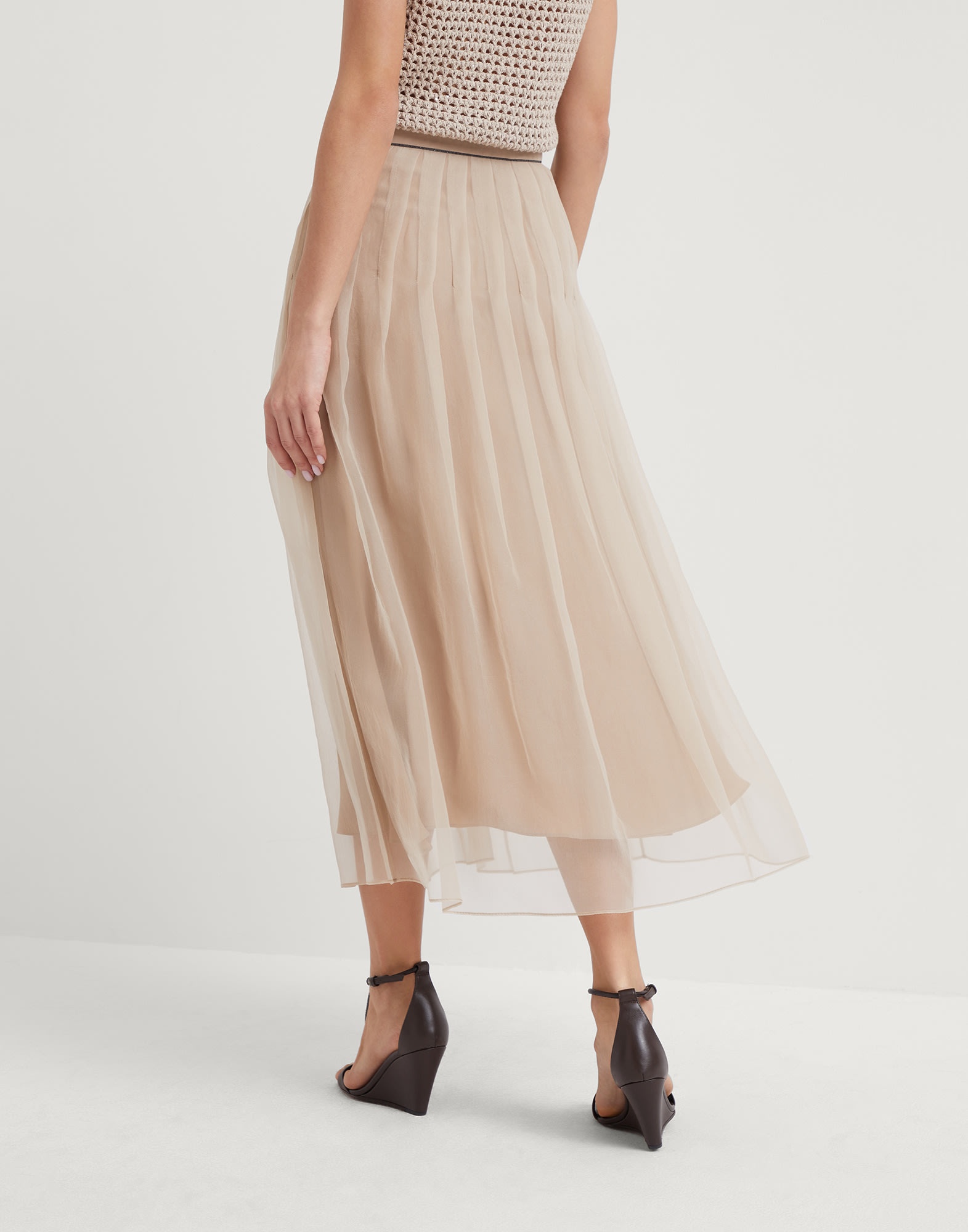 Crispy silk pleated midi skirt with shiny waistband - 2