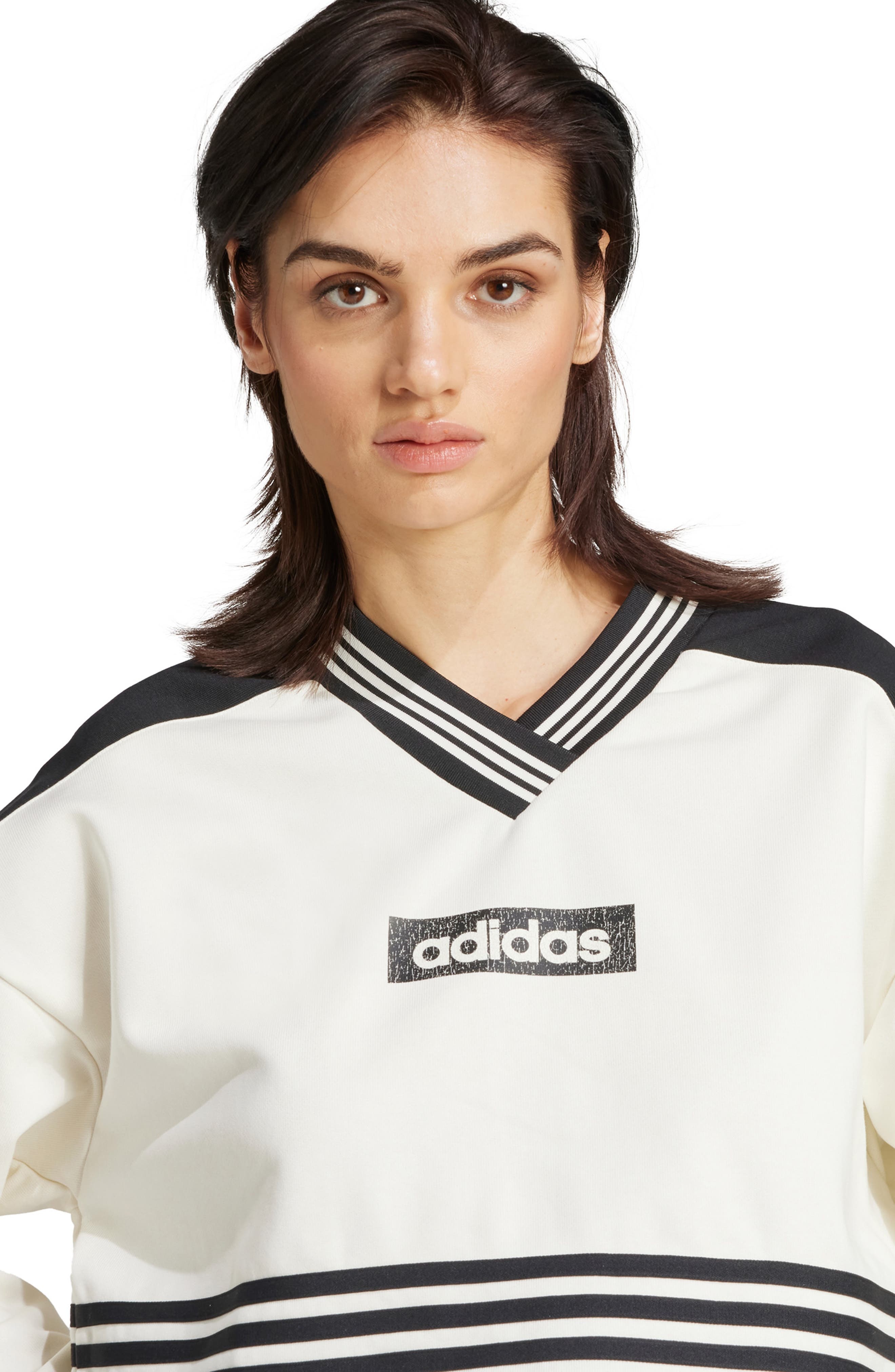 adidas Logo Cotton Blend Crop Sweatshirt in Off White/Black at Nordstrom - 5