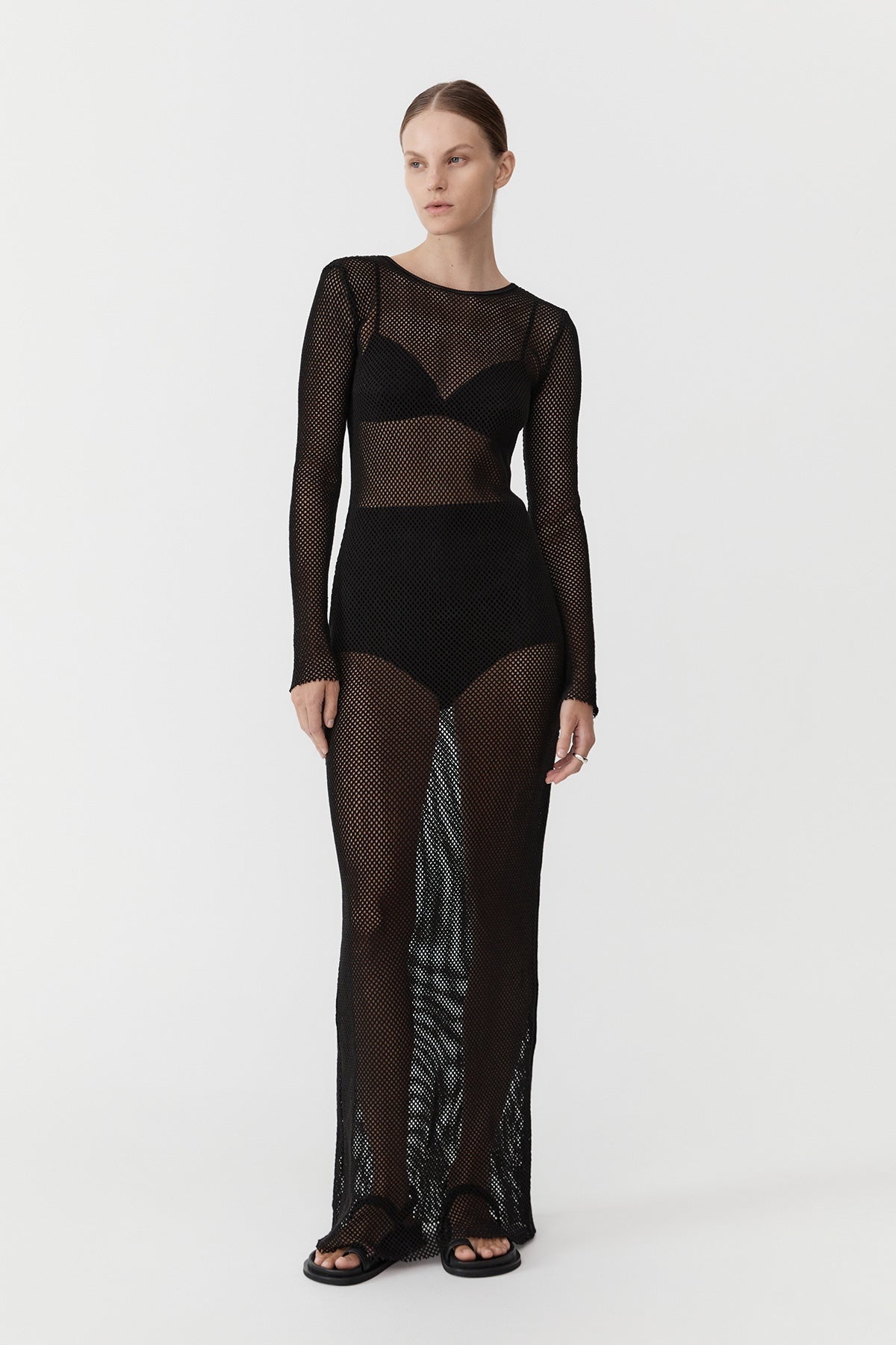 Mesh Long Sleeve Dress - Black - 2