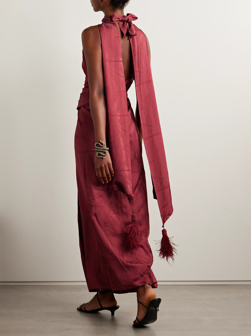 Wildly Beautiful Tasseled Satin-jacquard Halterneck Maxi Dress 3