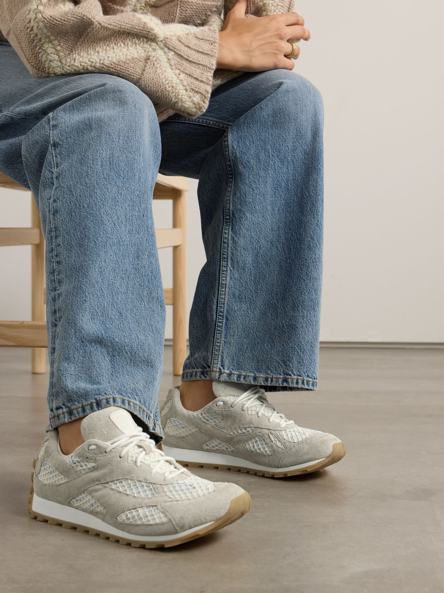 Orbit suede, leather, mesh and fishnet sneakers Cream - 2