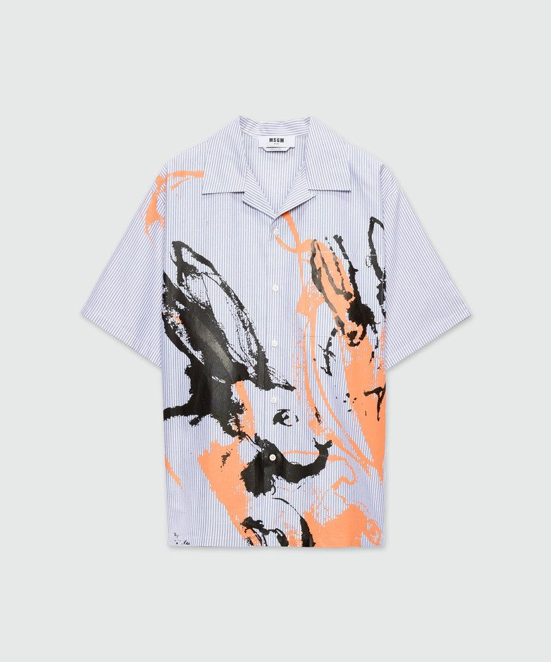 Blue Oxford striped bowling shirt with "Sketched Bunnies" print 1