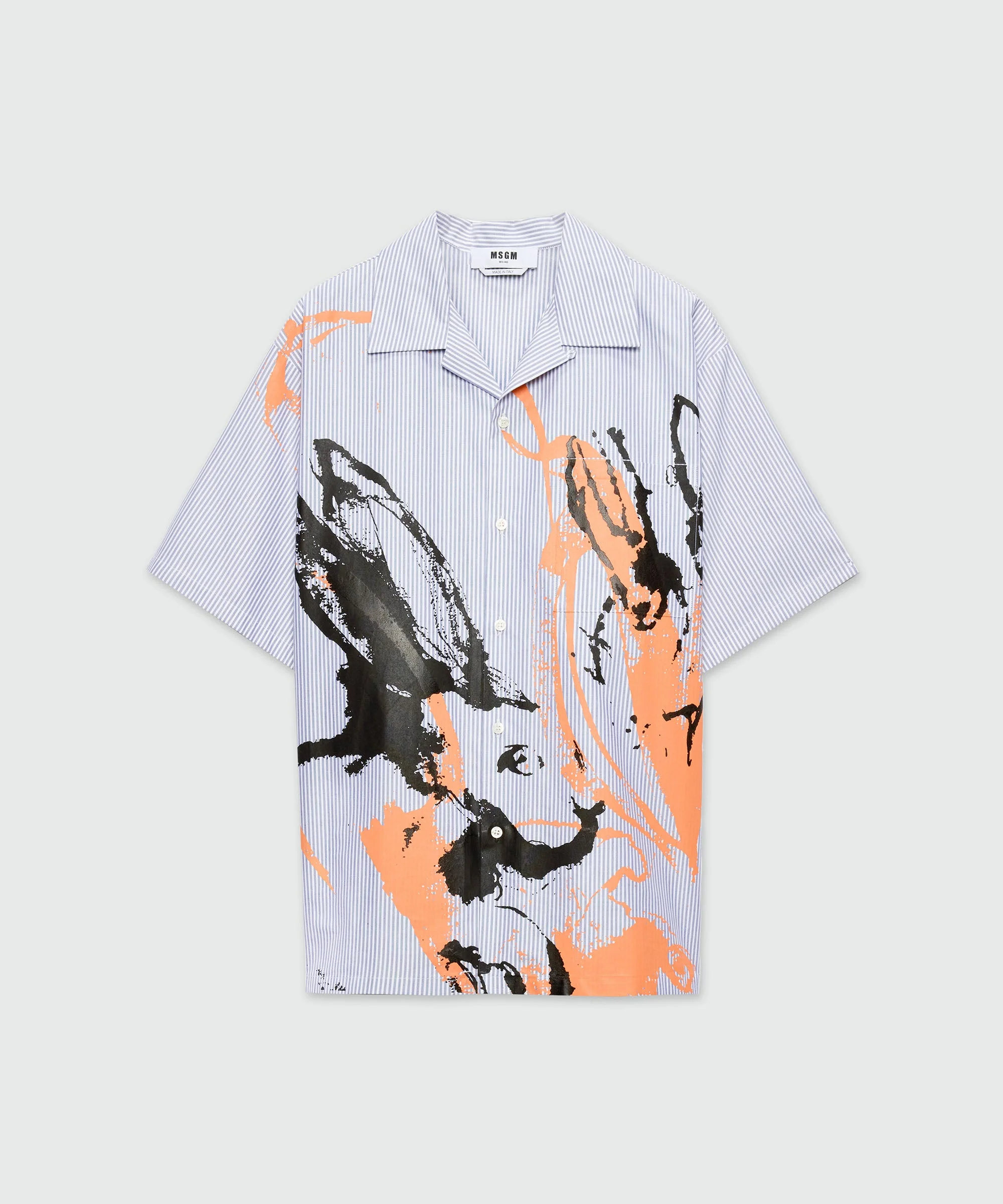 Blue Oxford striped bowling shirt with "Sketched Bunnies" print - 1