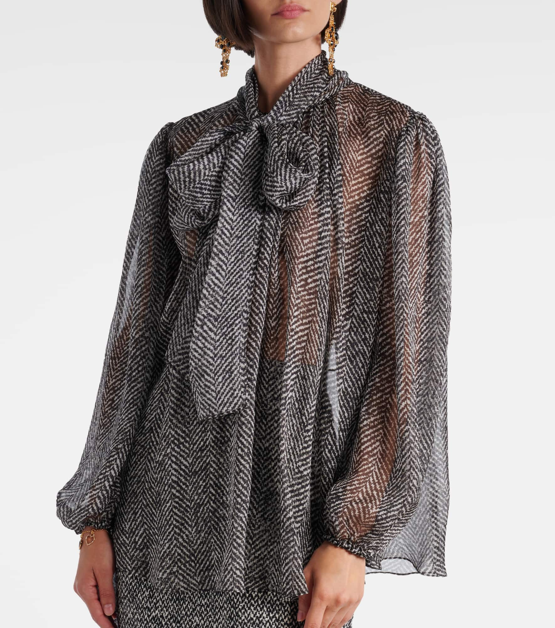 Tie-neck herringbone silk chiffon blouse - 5