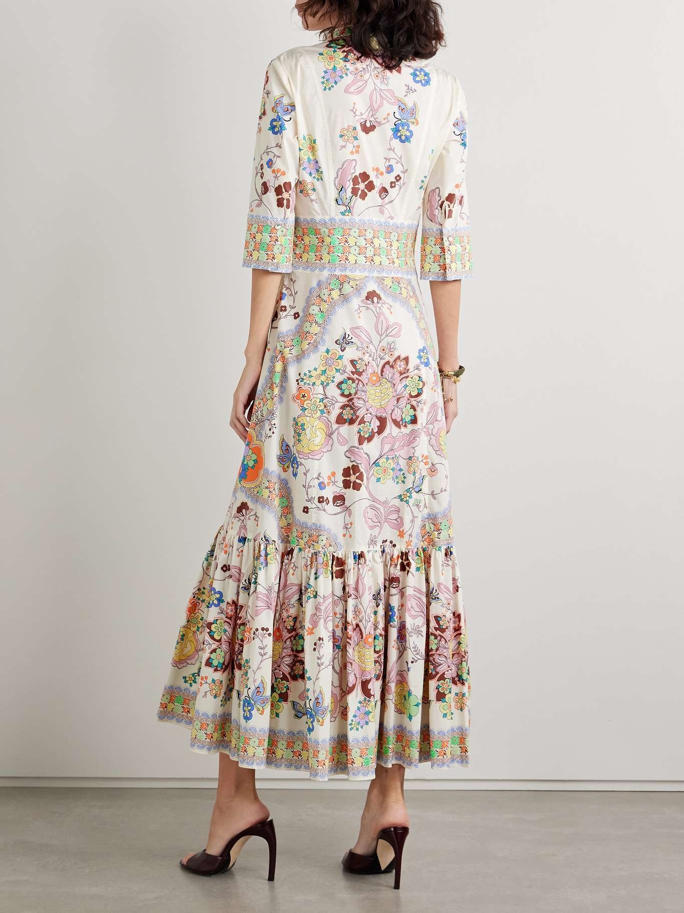 Gathered floral-print cotton-blend poplin midi dress Off-white - 3