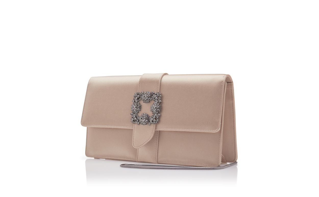 Beige Satin Jewel Buckle Clutch - 3