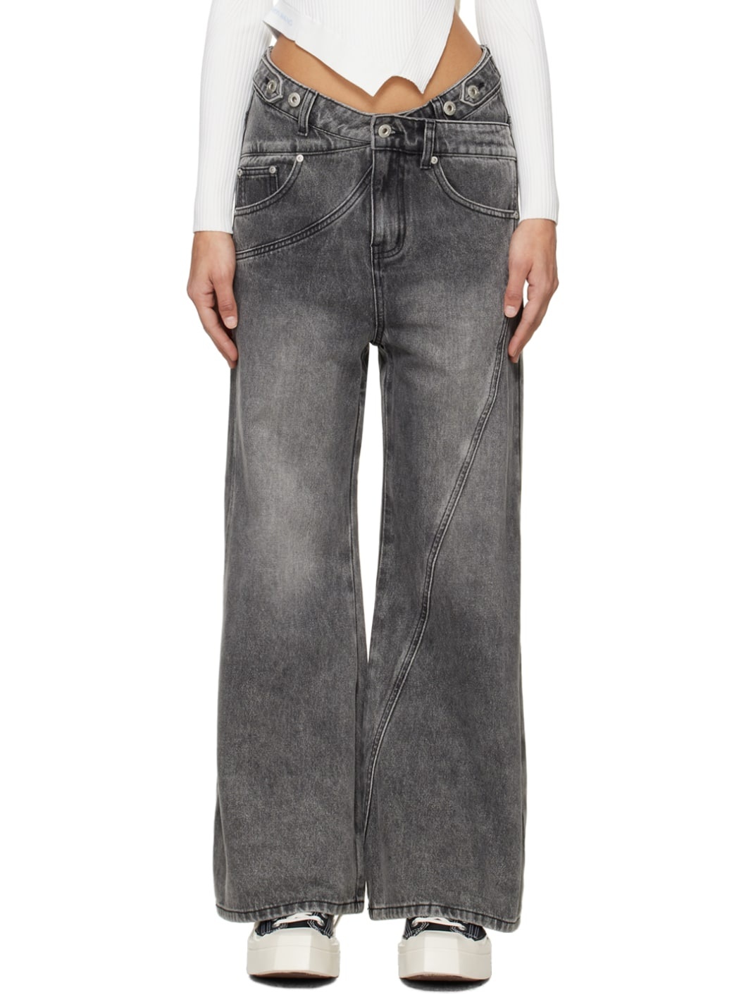 Gray Cross Waistband Jeans - 1