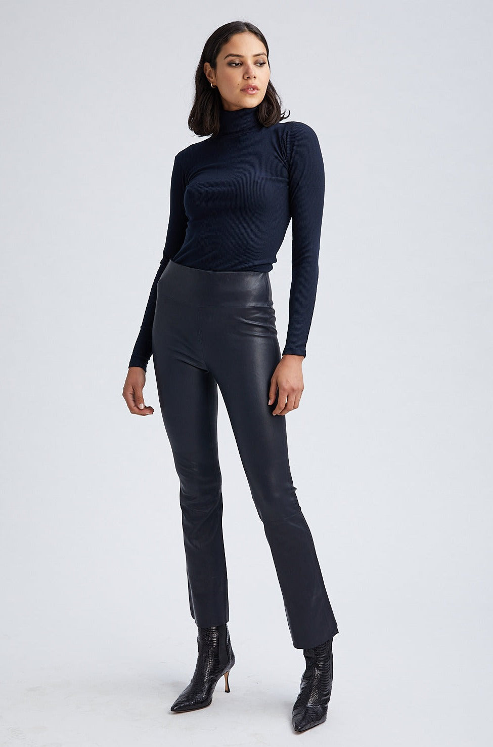 NAVY LEATHER ANKLE FLARE - 2