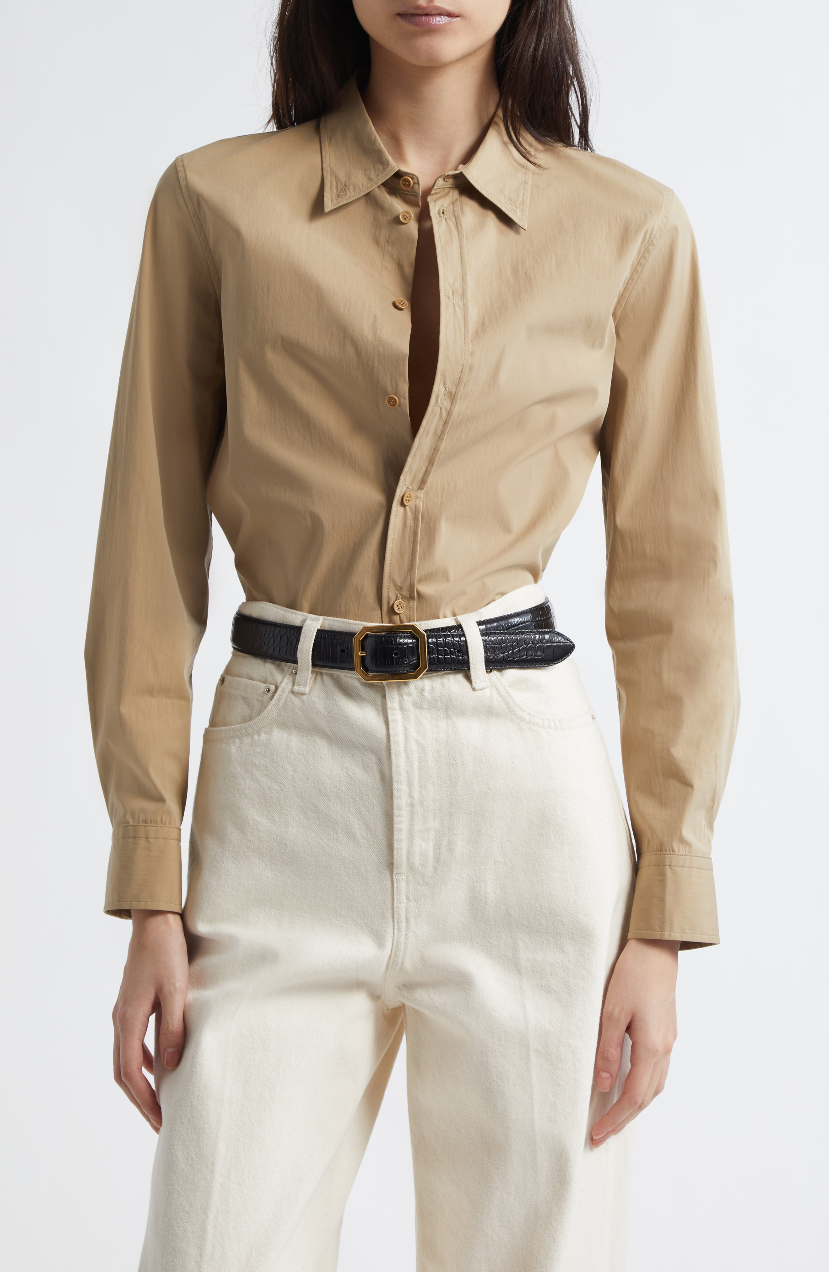 Nili Lotan Dyllan Shrunken Cotton Shirt in Khaki at Nordstrom - 1