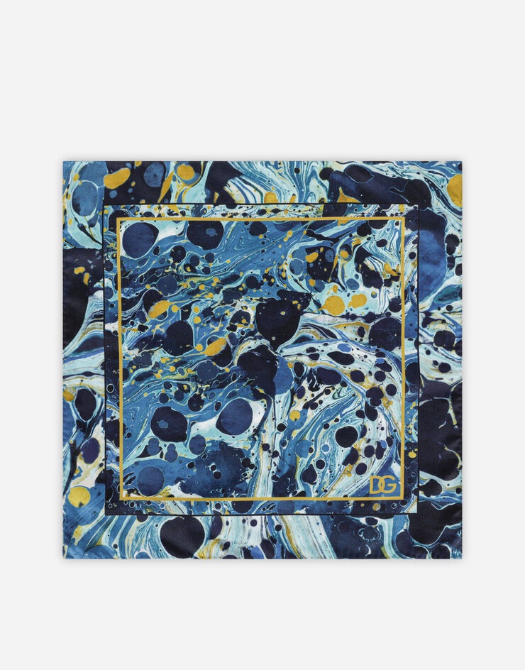 Silk pocket square with blue marbled print - 2