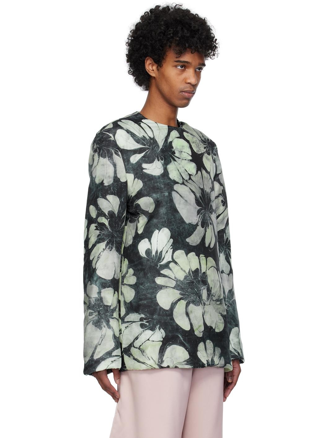 Green & Navy Silk Long Sleeve Top - 2