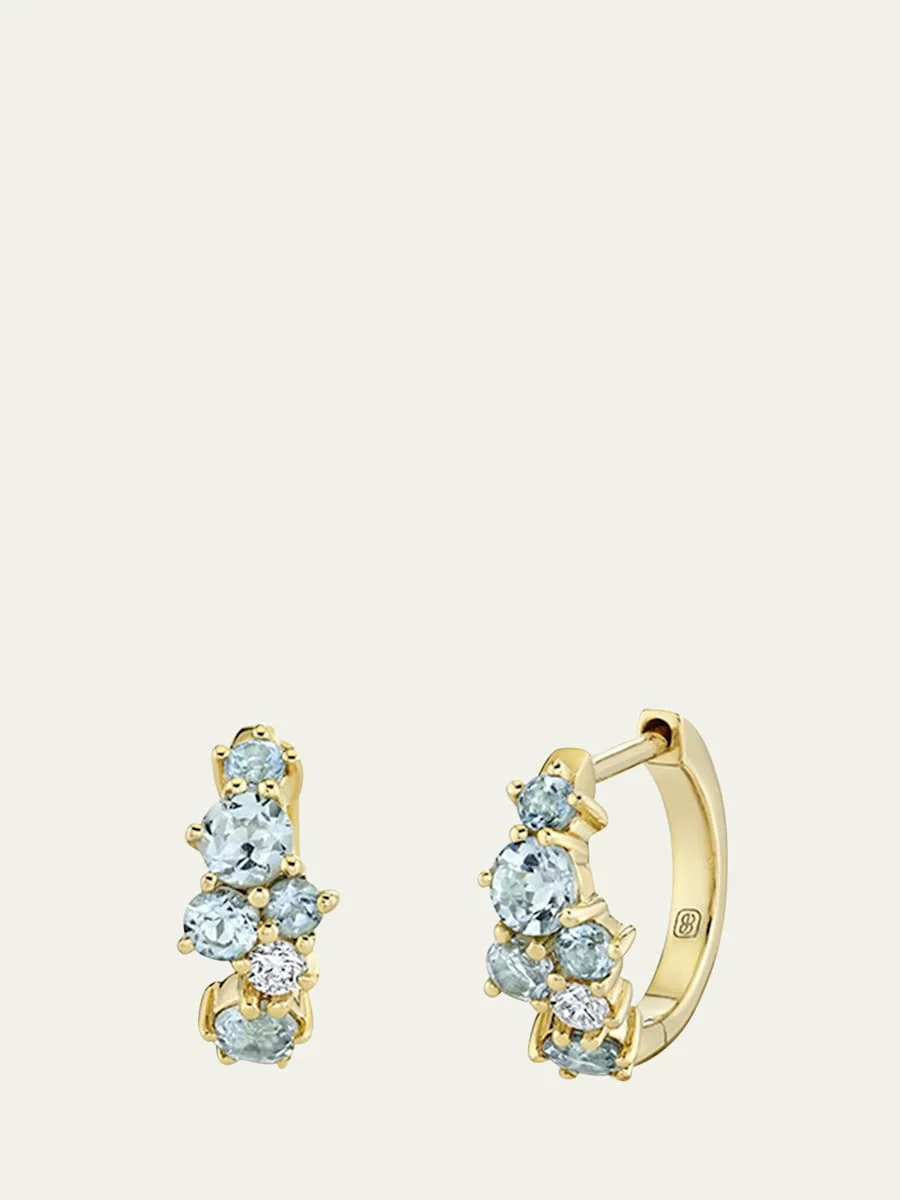14K Gold Diamond and Aquamarine Cocktail Huggie Earrings - 1