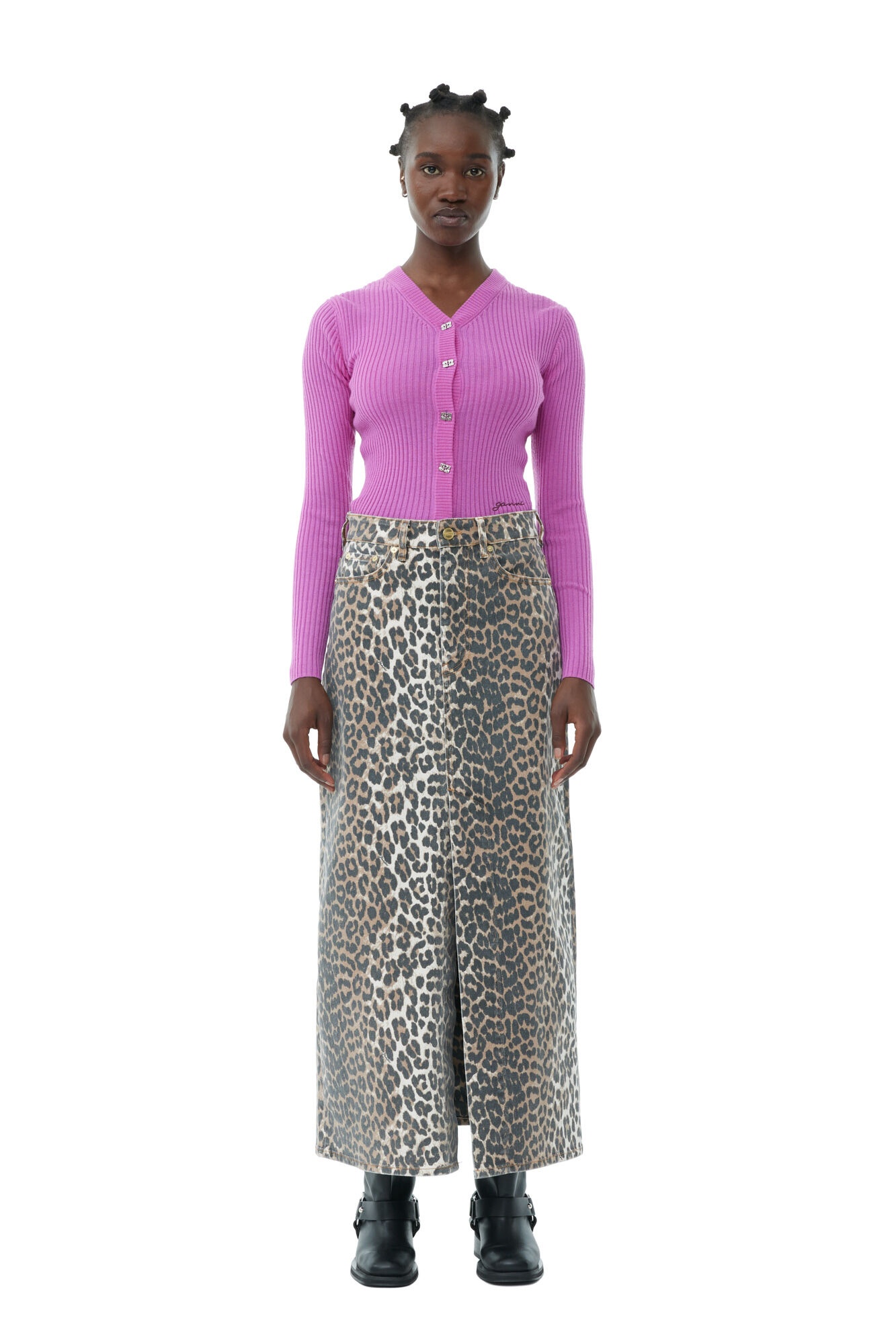 LEOPARD DENIM MAXI SLIT SKIRT - 4