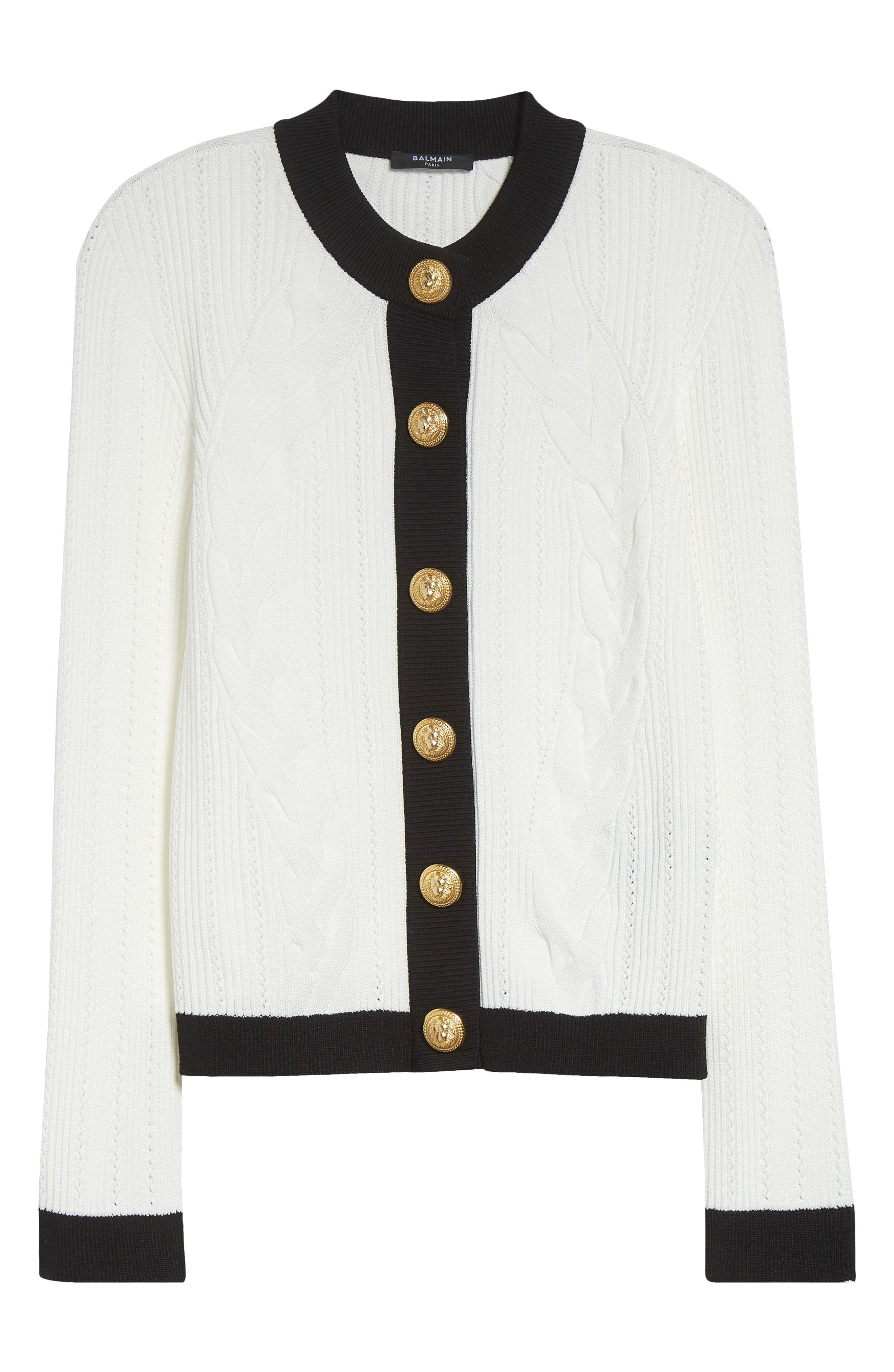 Balmain Twisted Cable Knit Cardigan in Gab White/Black at Nordstrom - 6