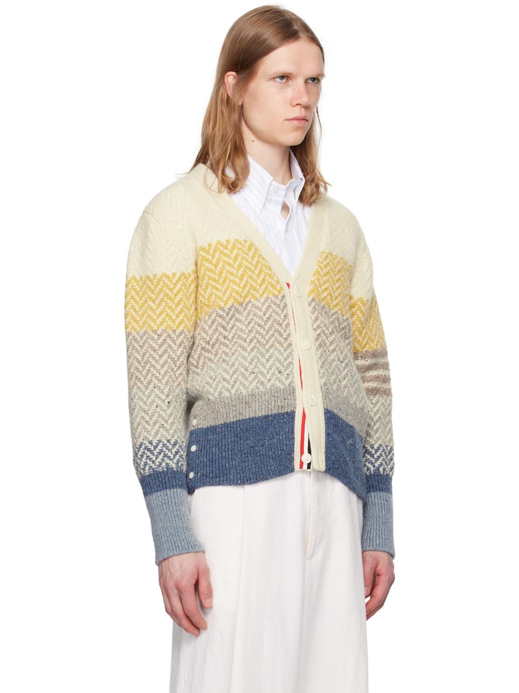 Multicolor Striped Herringbone Jacquard Classic V Neck Cardigan - 2
