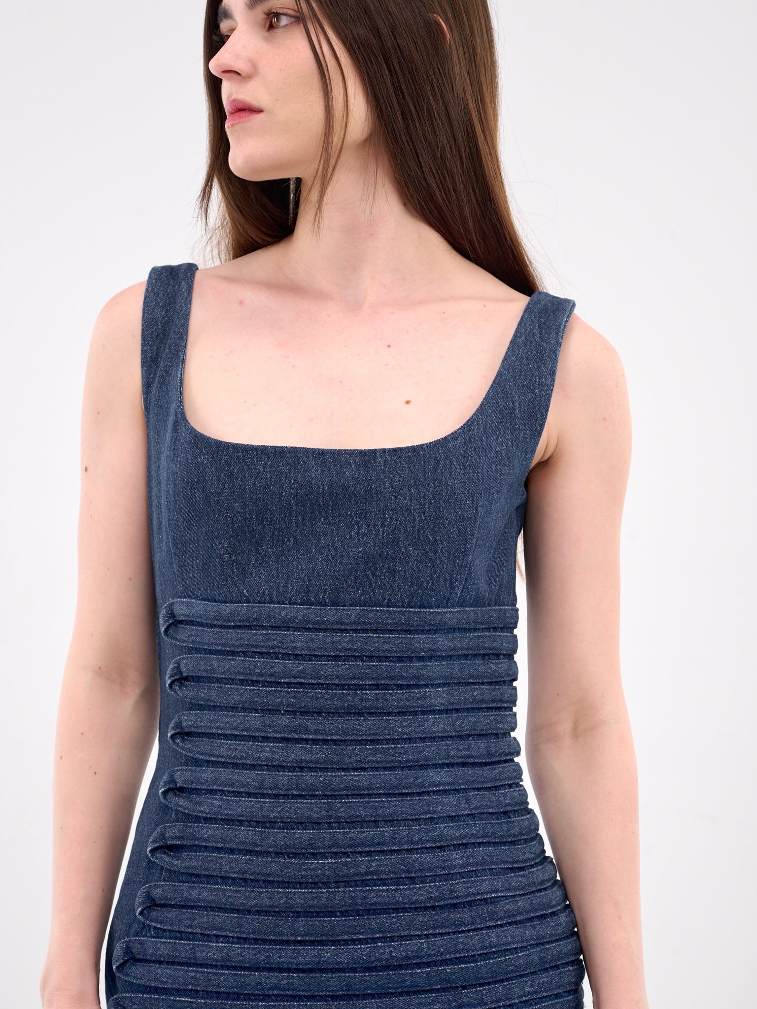Denim Scoop Neck Fitted Dress - 4