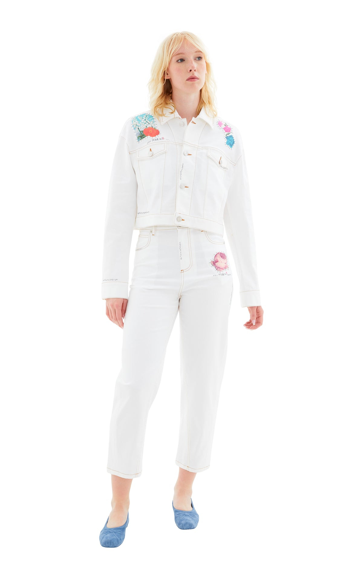 DENIM PANTS WITH FLOWERS PATCHES (WHITE) - 1