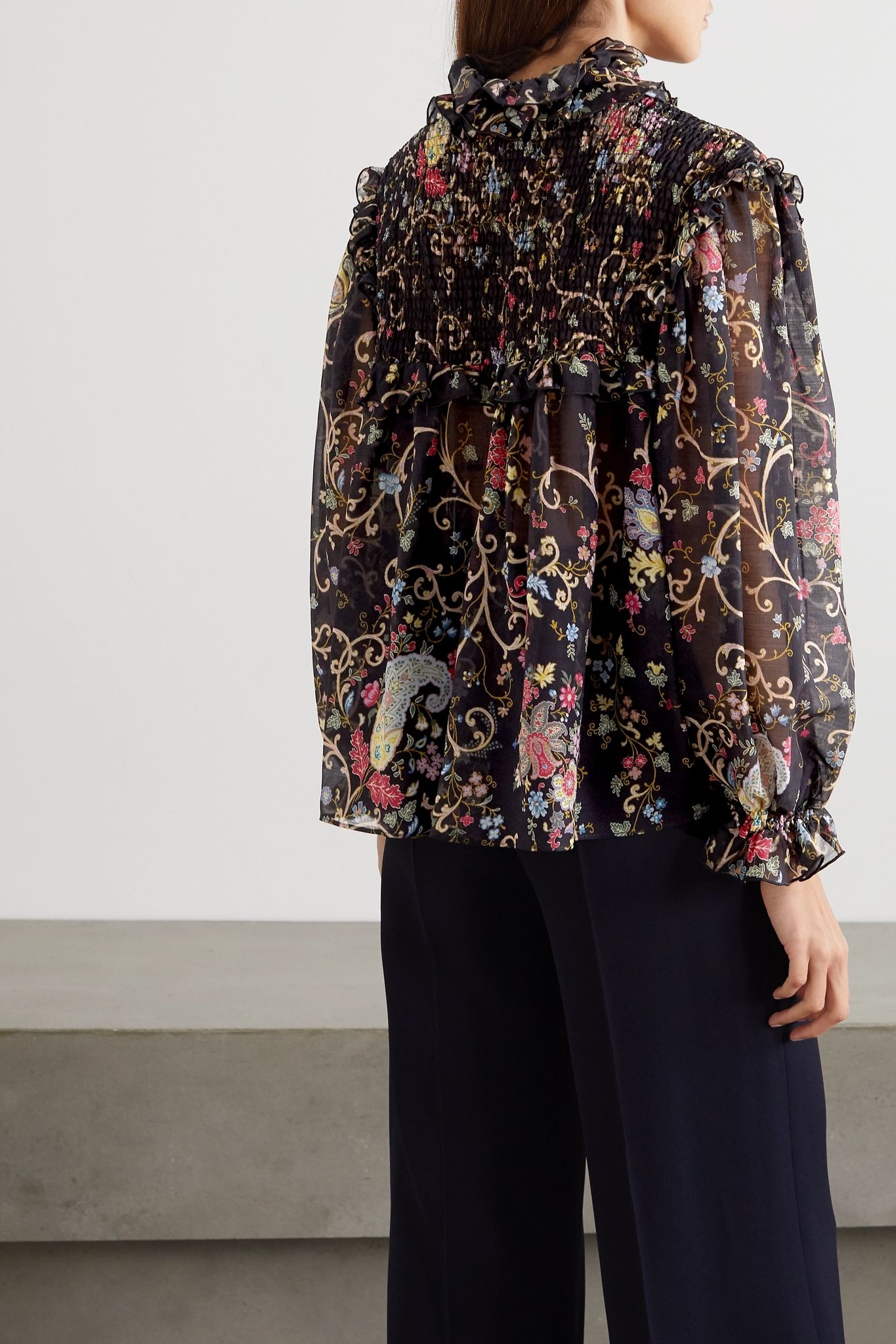 Ruffled shirred floral-print silk and wool-blend chiffon blouse  - 3