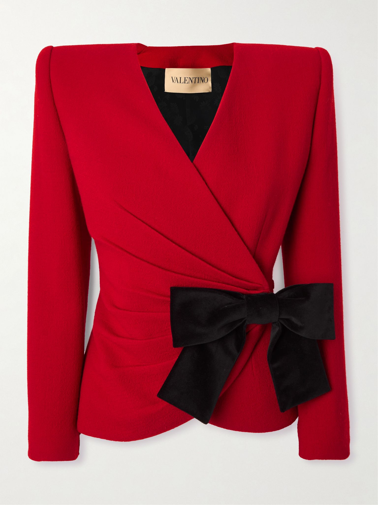 Bow-detailed ruched wool-crepe wrap jacket Red - 1