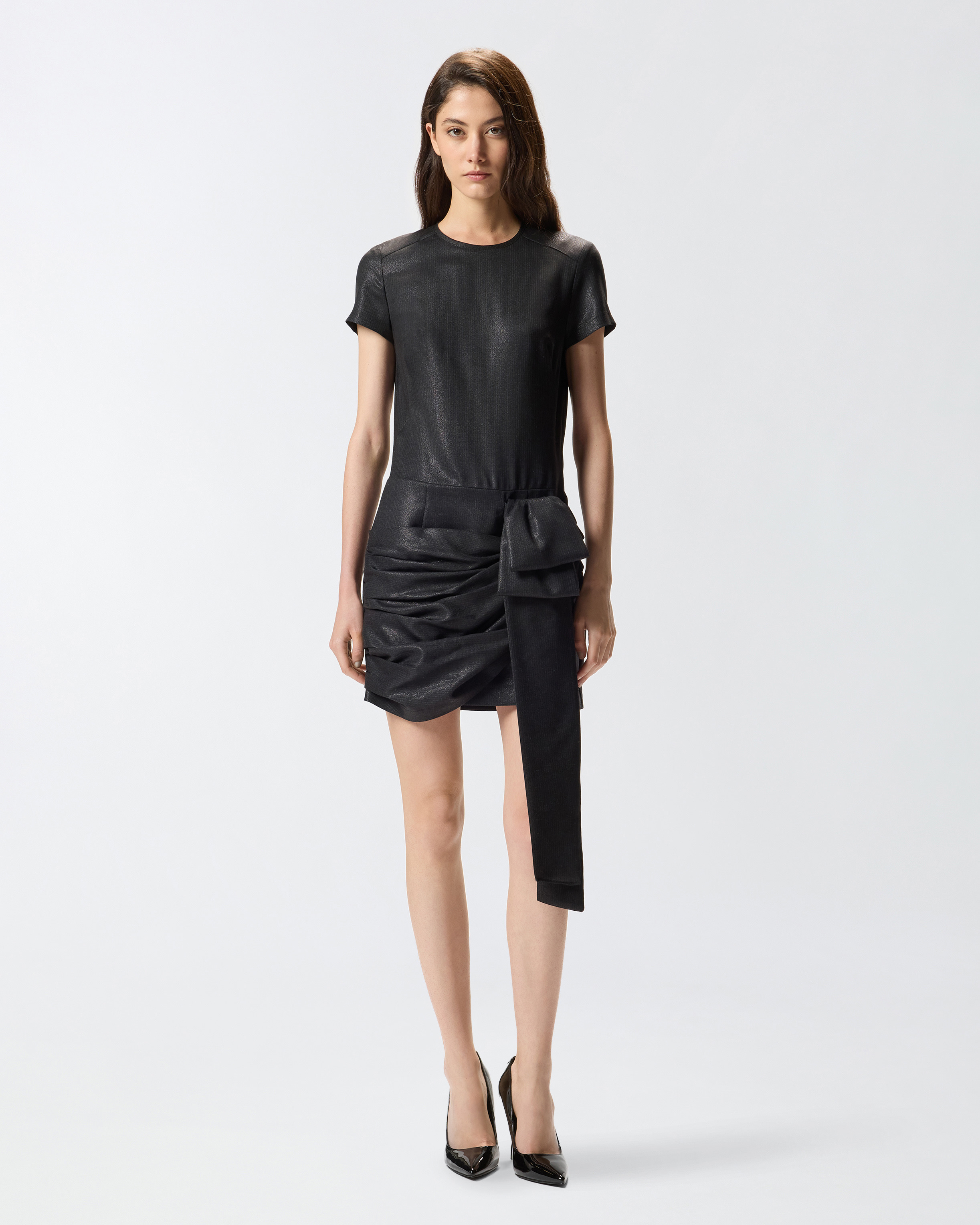 SHORT PINSTRIPED DRESS WITH DRAPING - 2