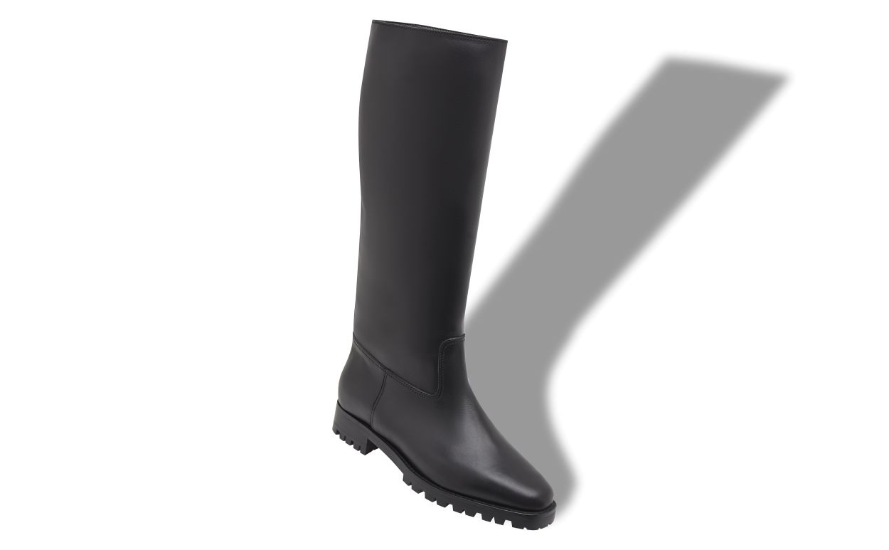 Black Calf Leather Knee High Boots - 2
