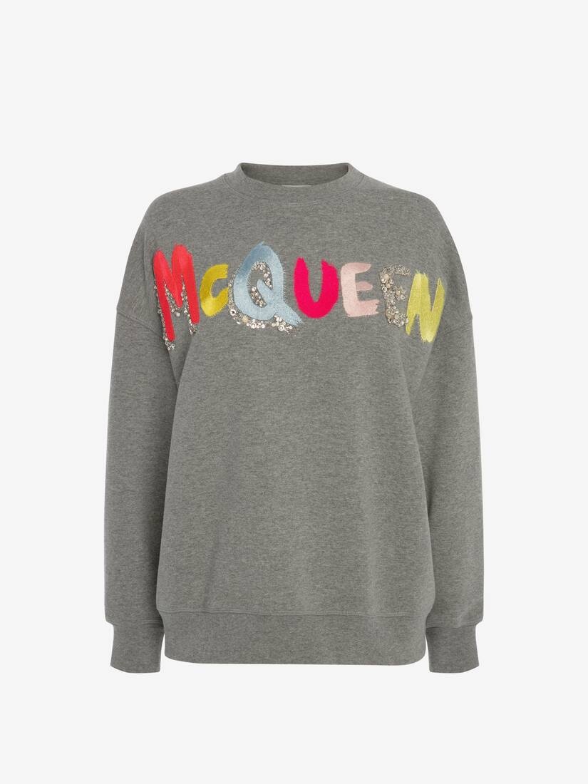 Embroidered Mcqueen Graffiti Sweatshirt in Grey/multicolour - 1