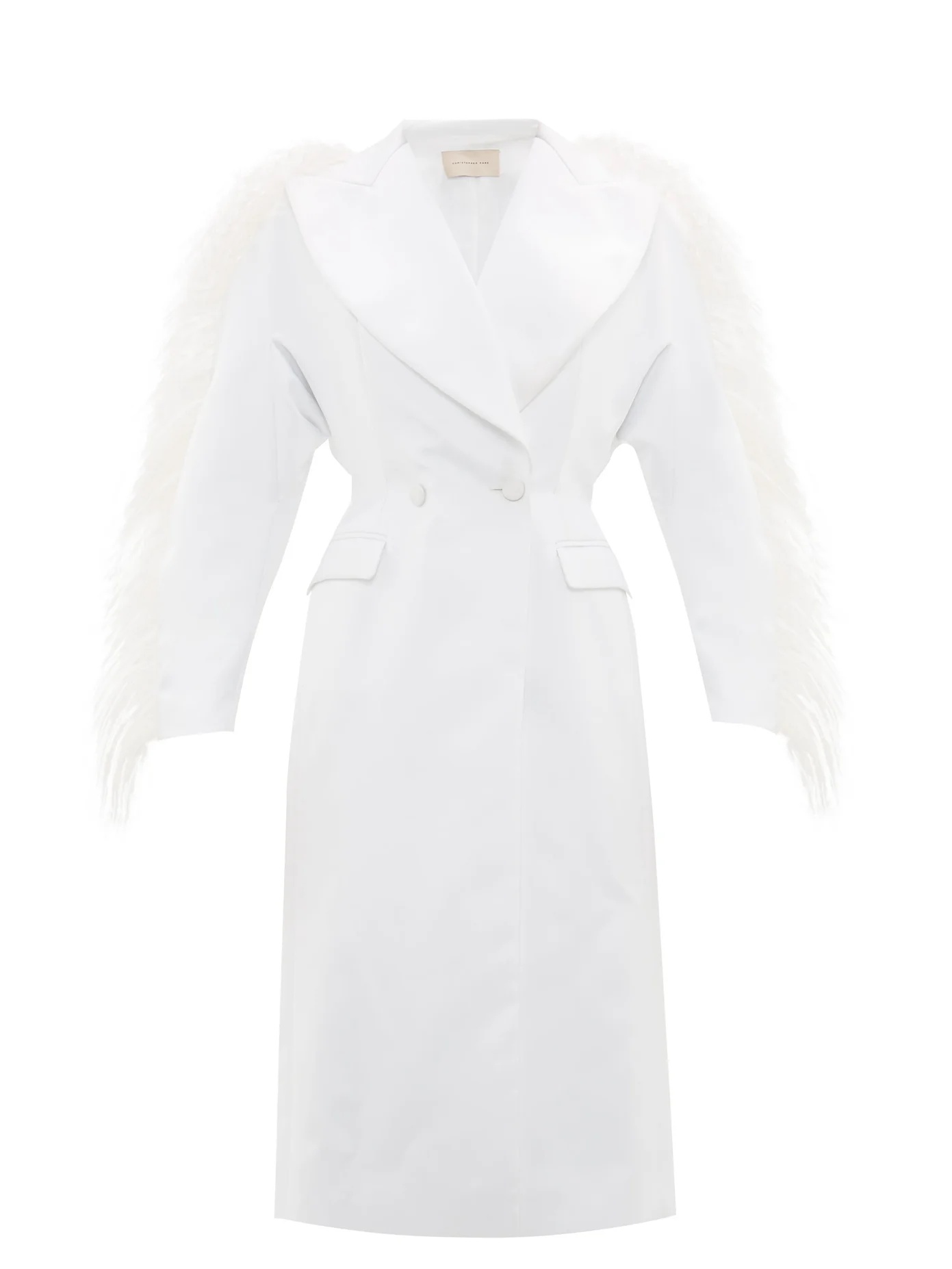 Feather-trim double-breasted duchess-satin coat - 1