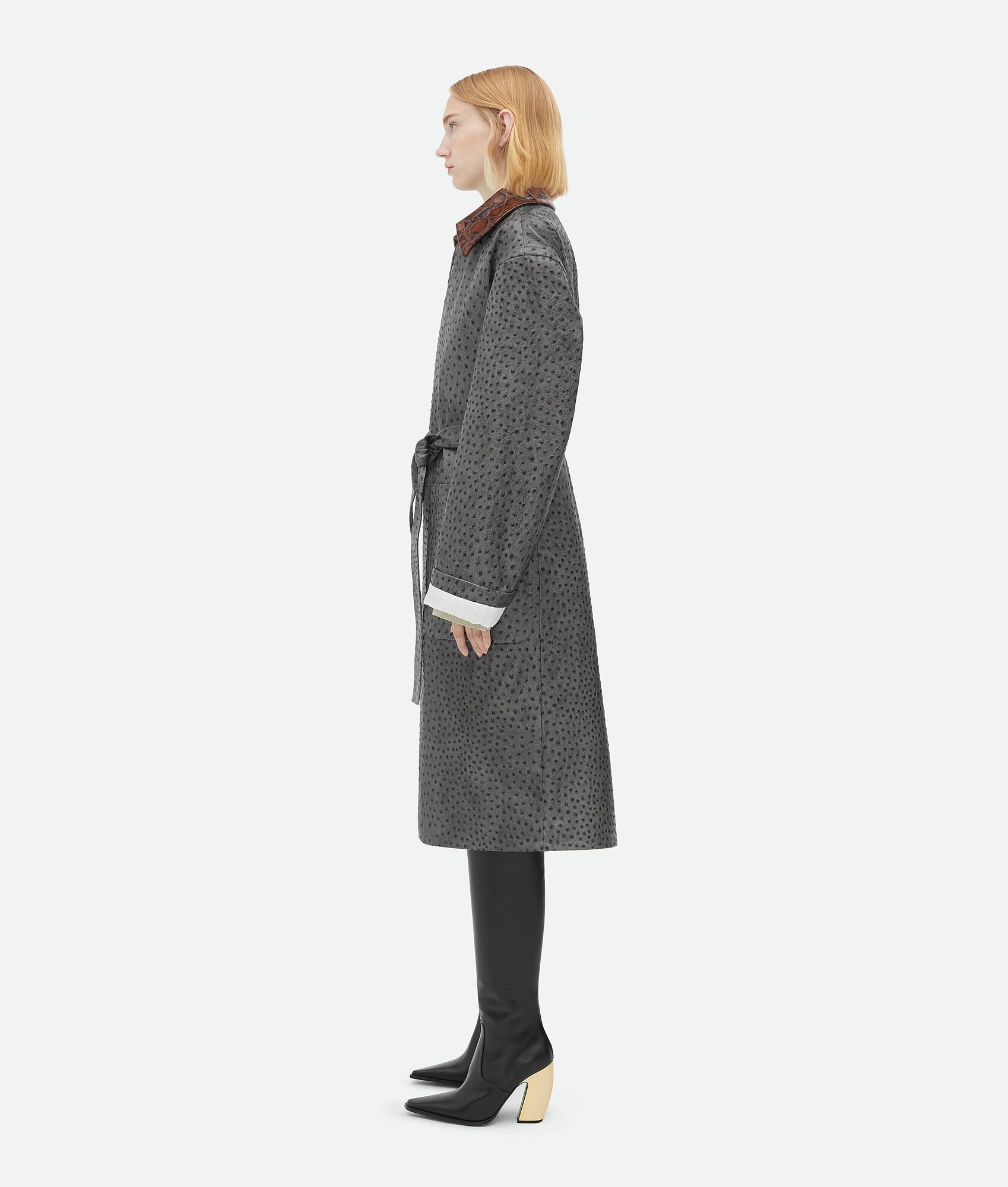 Ostrich-Effect Leather Belted Coat - 2