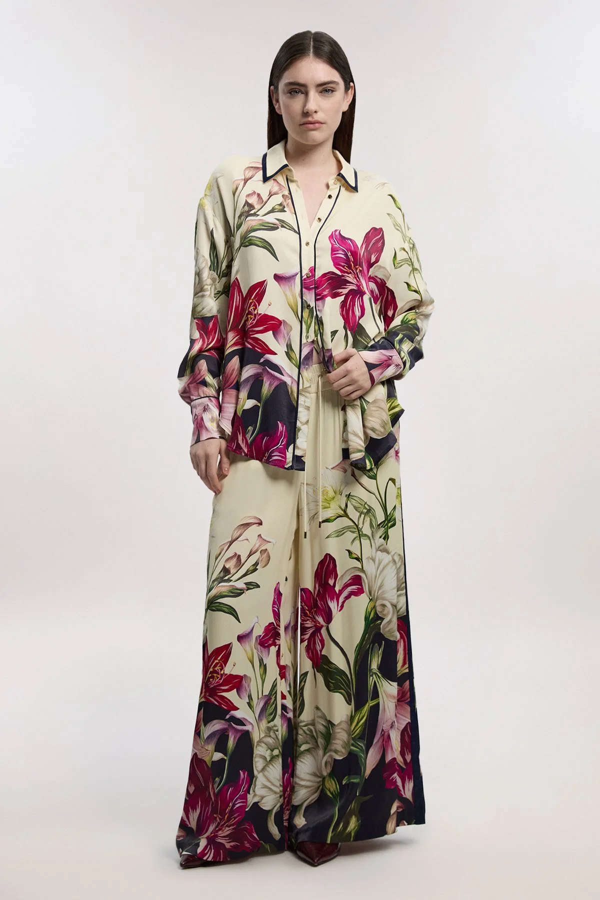 Viscose Satin Floral Print Wide Leg Woven Trouser - 1