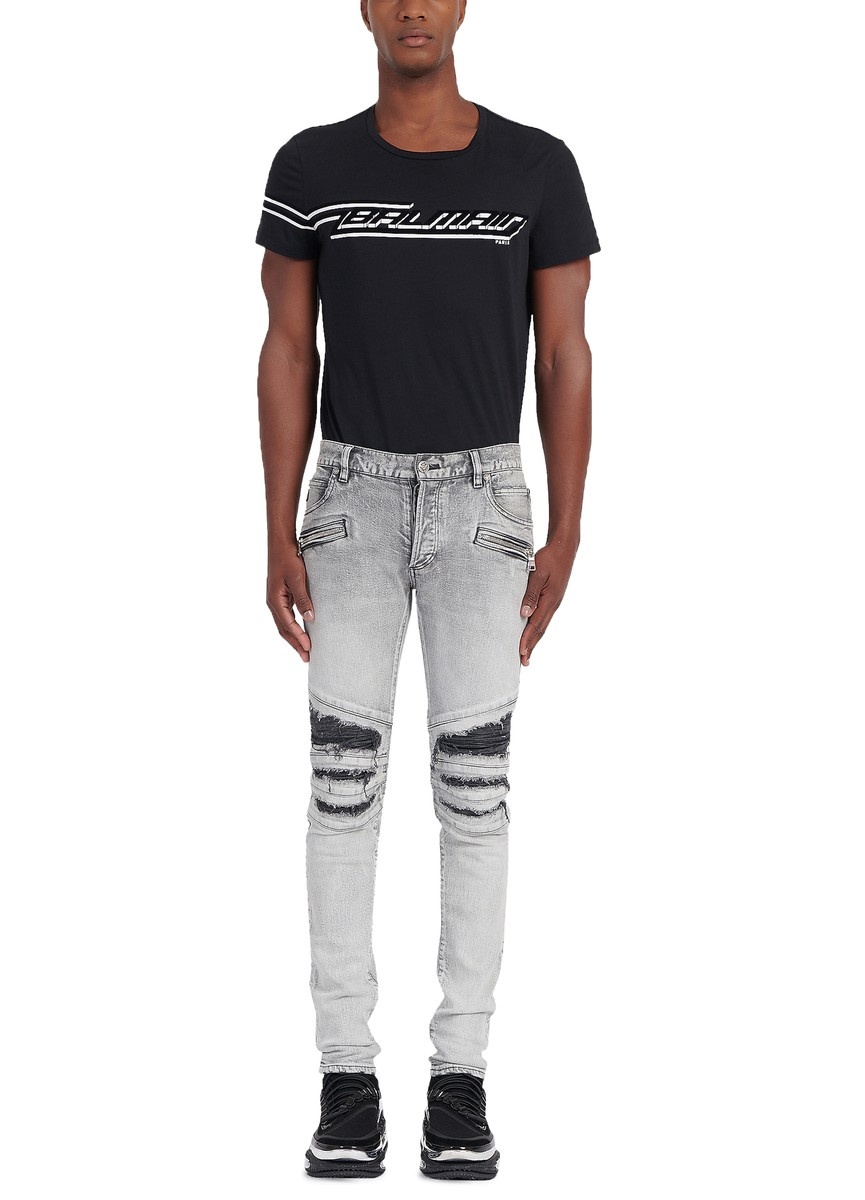 Slim cut ripped cotton jeans with synthetic leather panels - 6